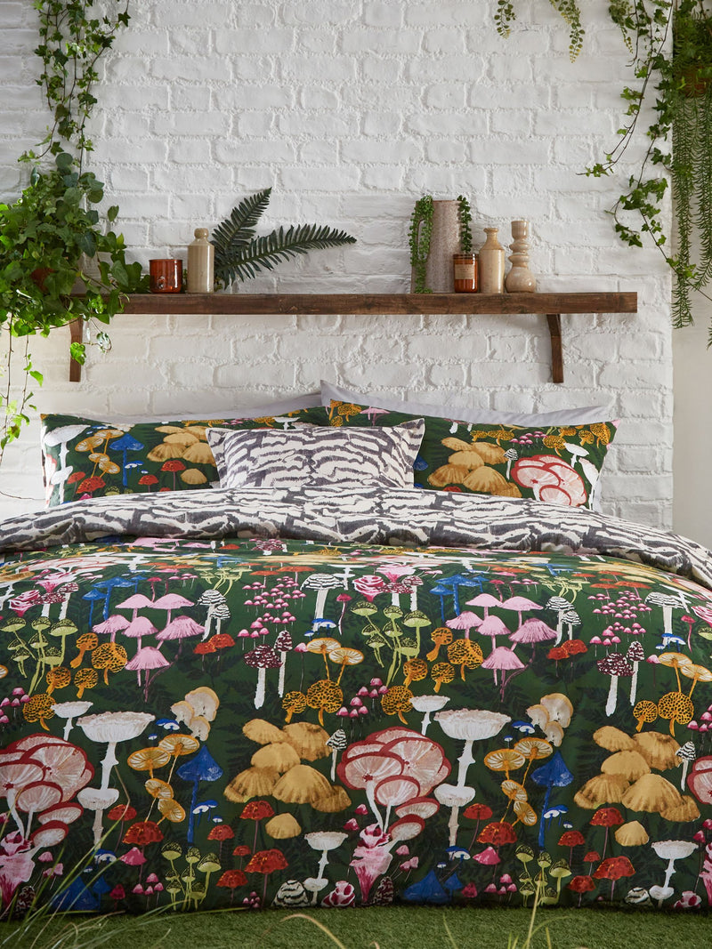 Furn Green Amanita reversible mushroom duvet cover and pillowcase set - British product