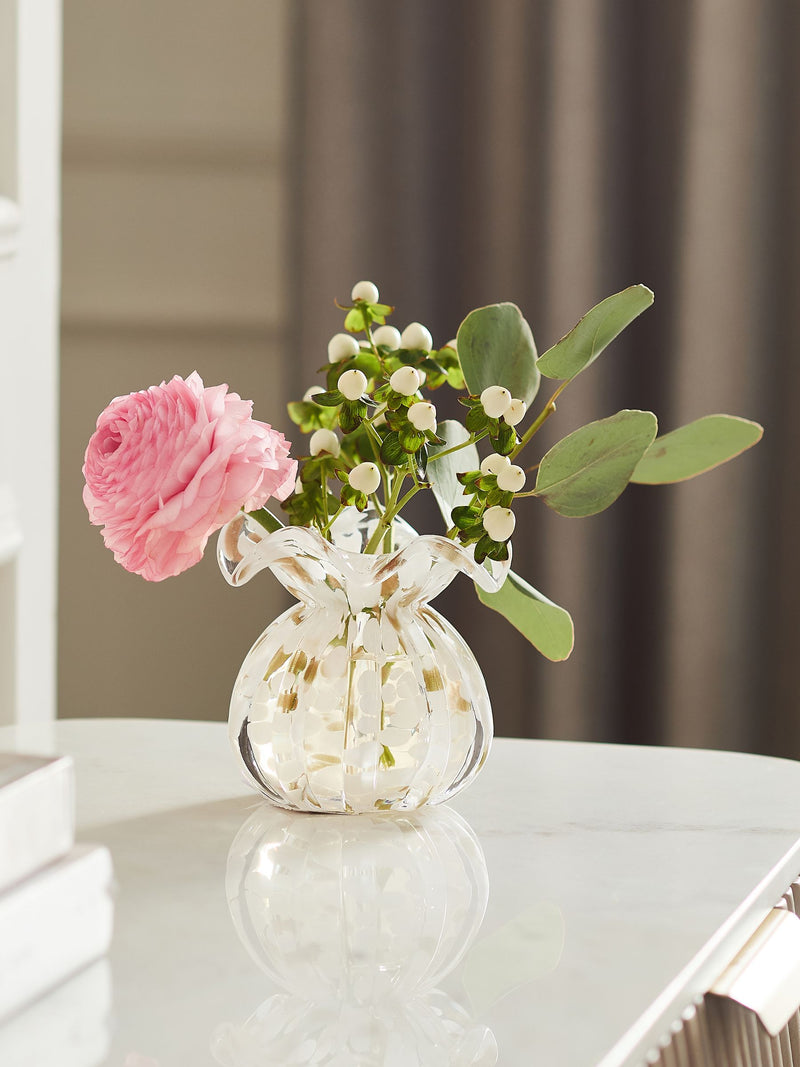 White and gold mini confetti glass flower vase (British brand)
