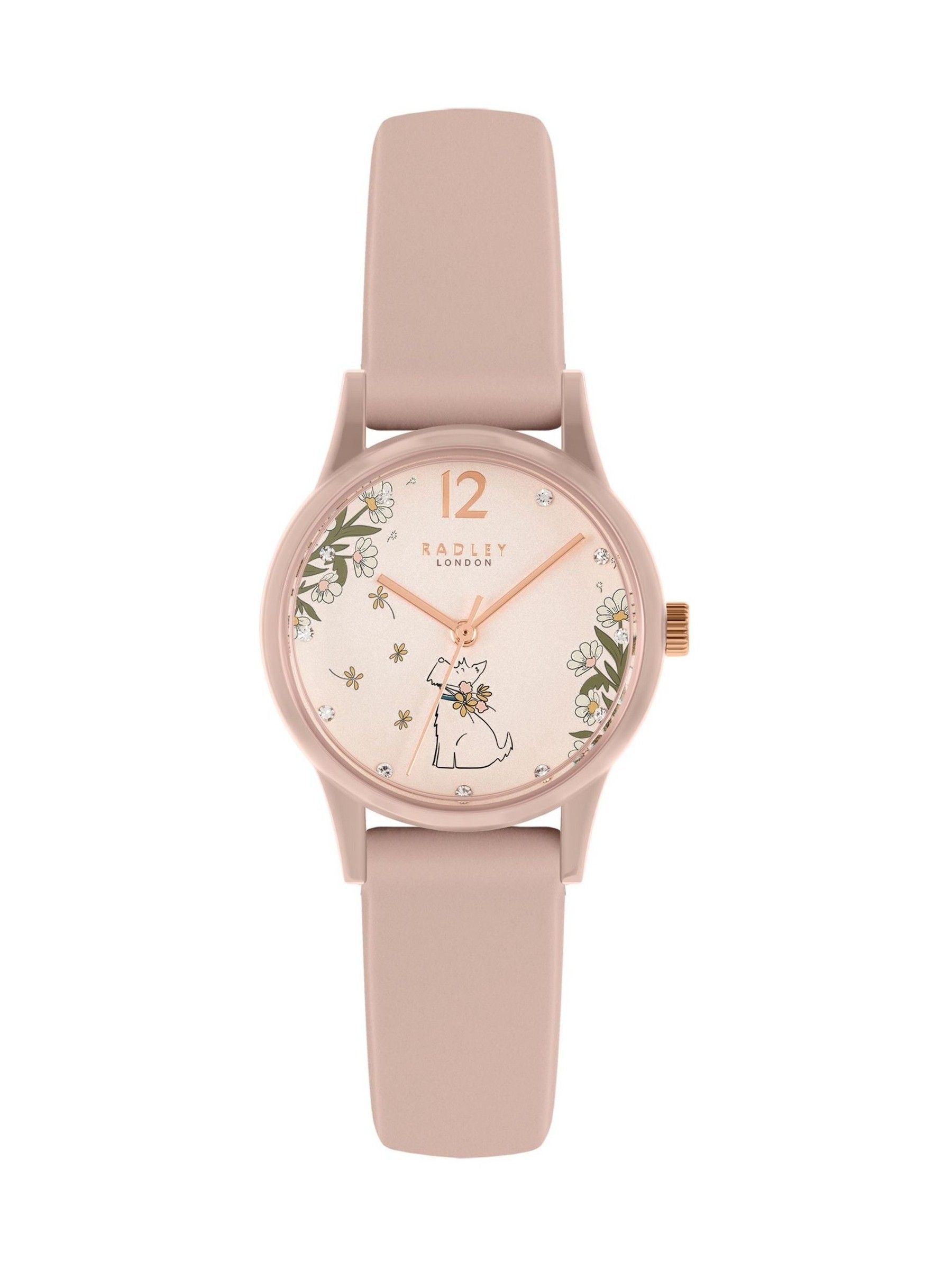 Radley Cobweb Pink Ladies Silicone Strap Floral Dog Dial Watch, imported from the UK