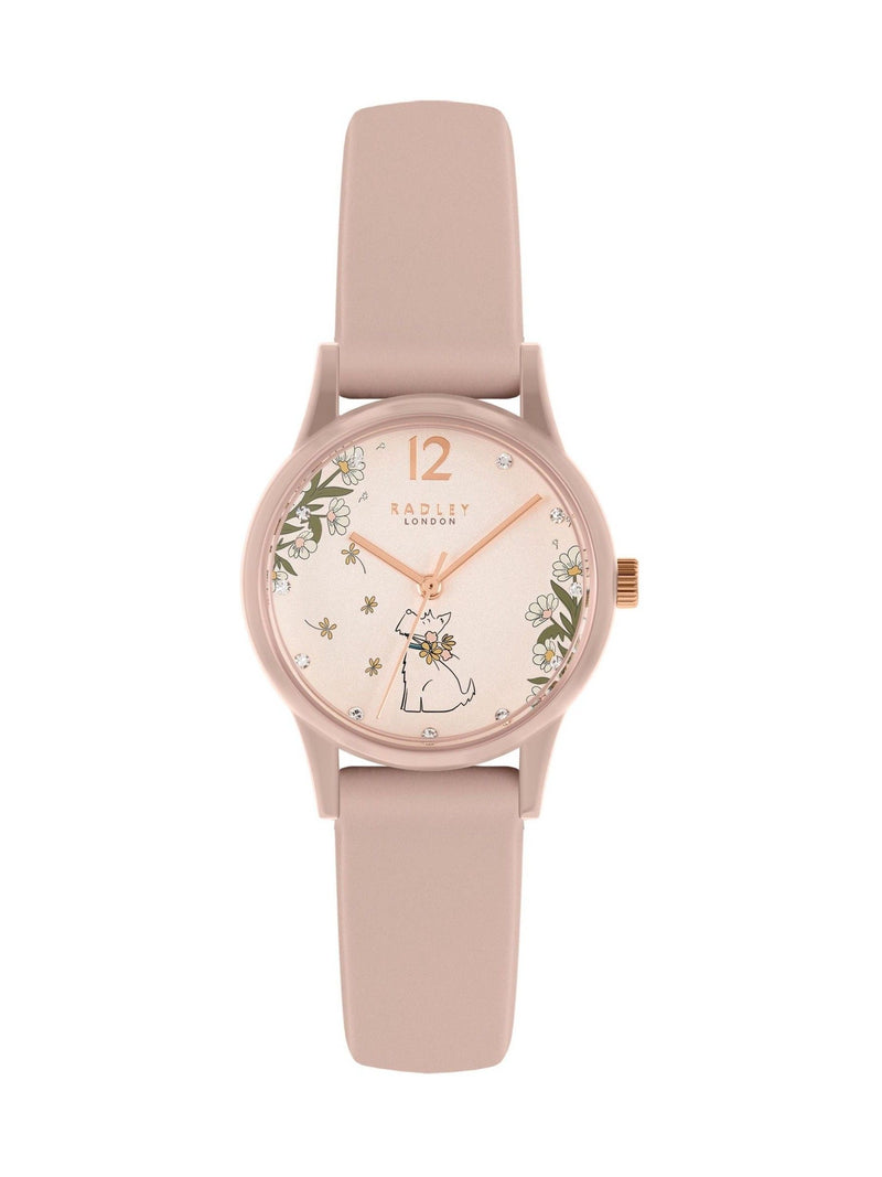Radley Cobweb Pink Ladies Silicone Strap Floral Dog Dial Watch, imported from the UK
