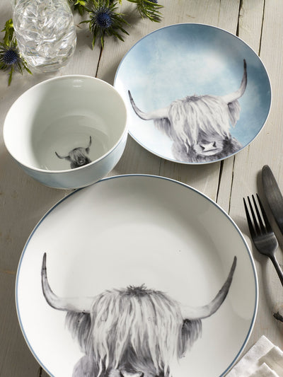 Teal Blue Hamish The Highland Cow 12 Piece Porcelain Dinner Set