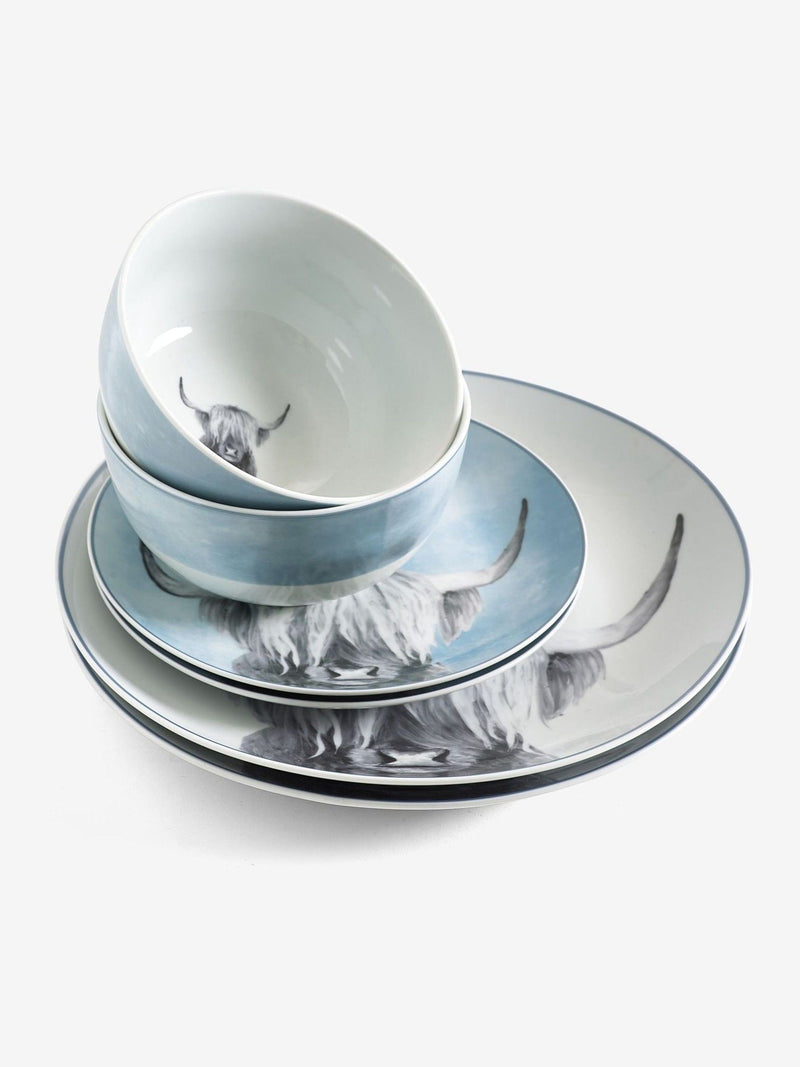 Porcelain dinner set with Teal Blue Hamish The Highland Cow design, 12 piece (British brand)