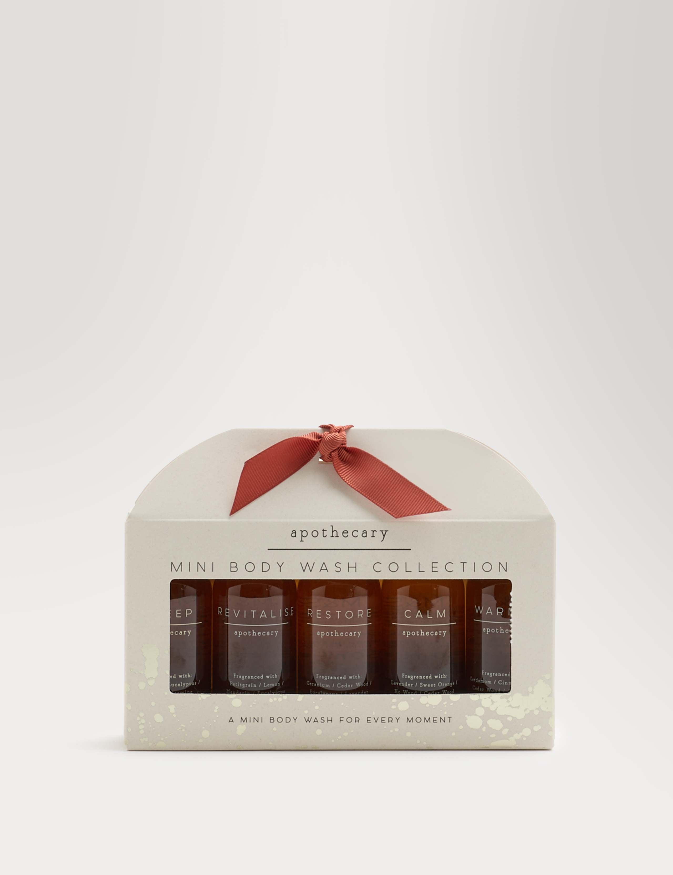 Mini Body Wash Collection with Sleep, Calm, Restore, Revitalise, and Warmth scents, imported from the UK