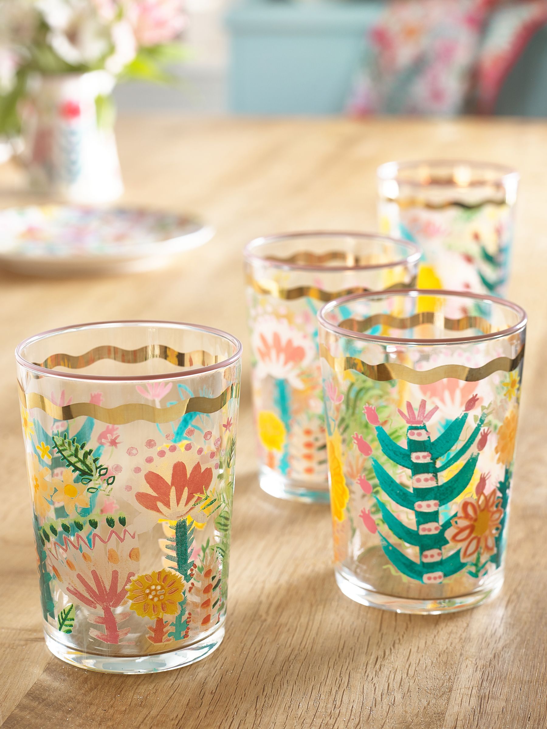 Lucy Tiffney floral gold rim tumbler glasses set of 4, UK version