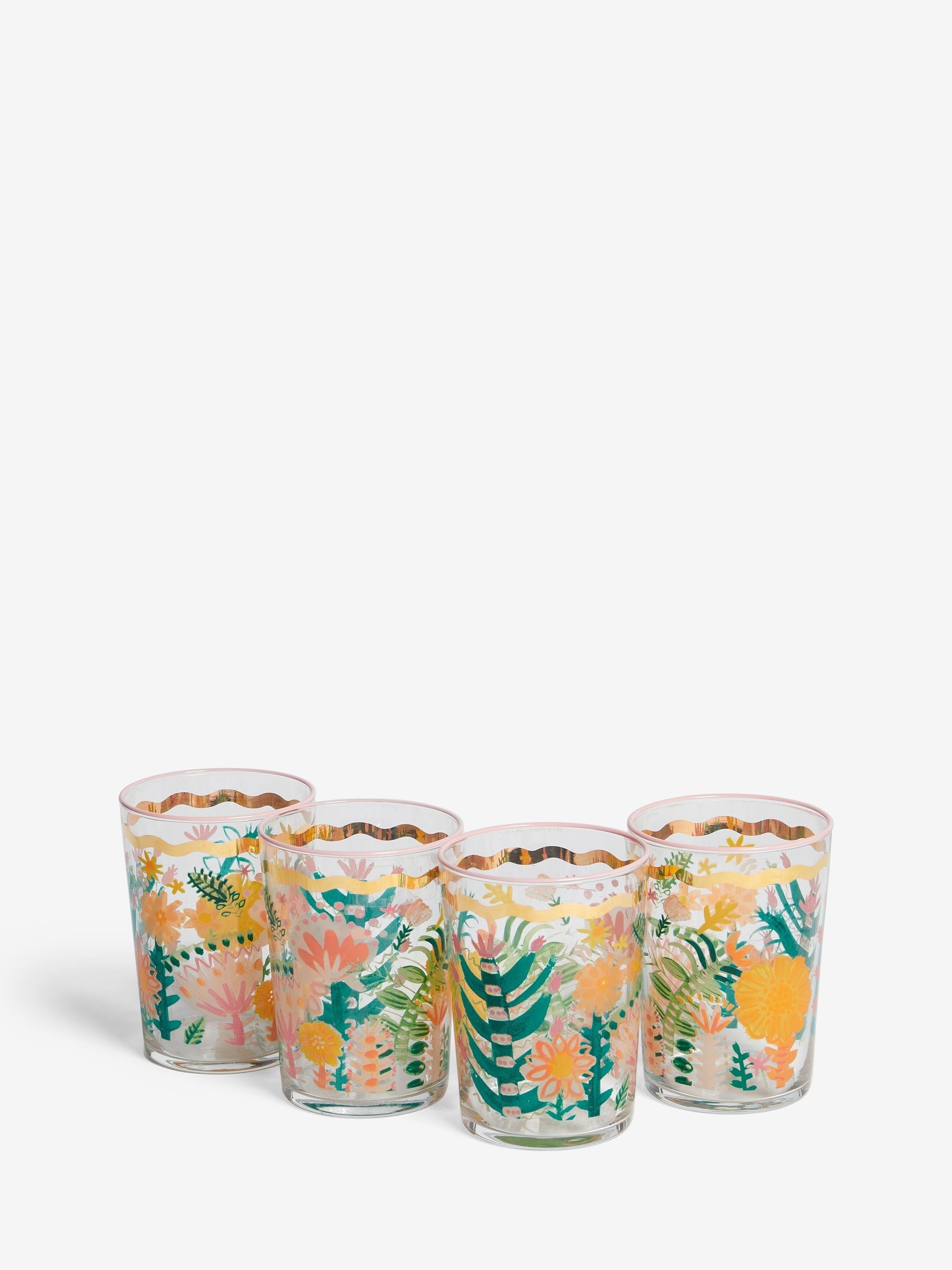 Lucy Tiffney floral gold rim tumbler glasses set of 4, UK version