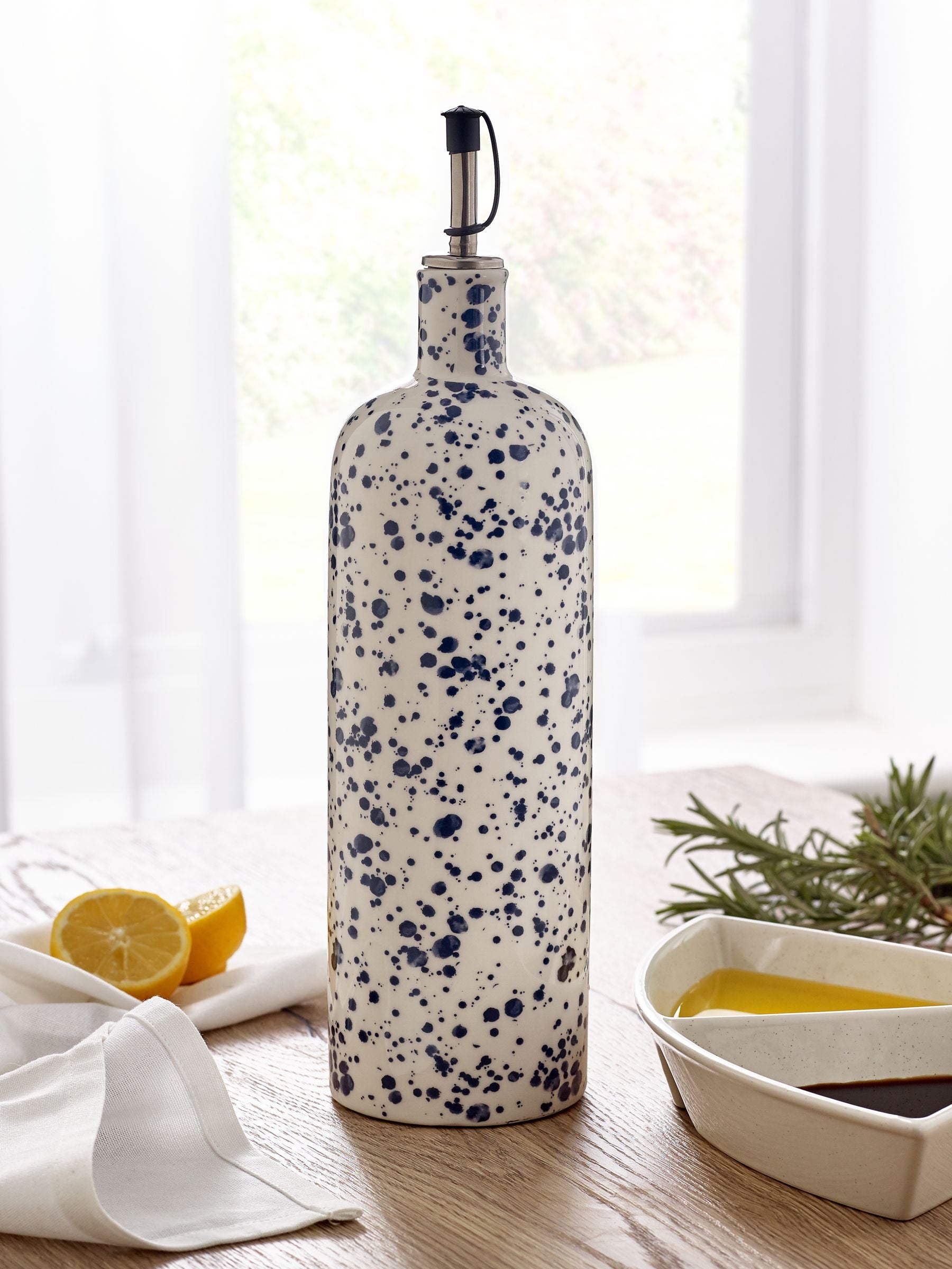 Blue speckle large stoneware oil bottle - British product
