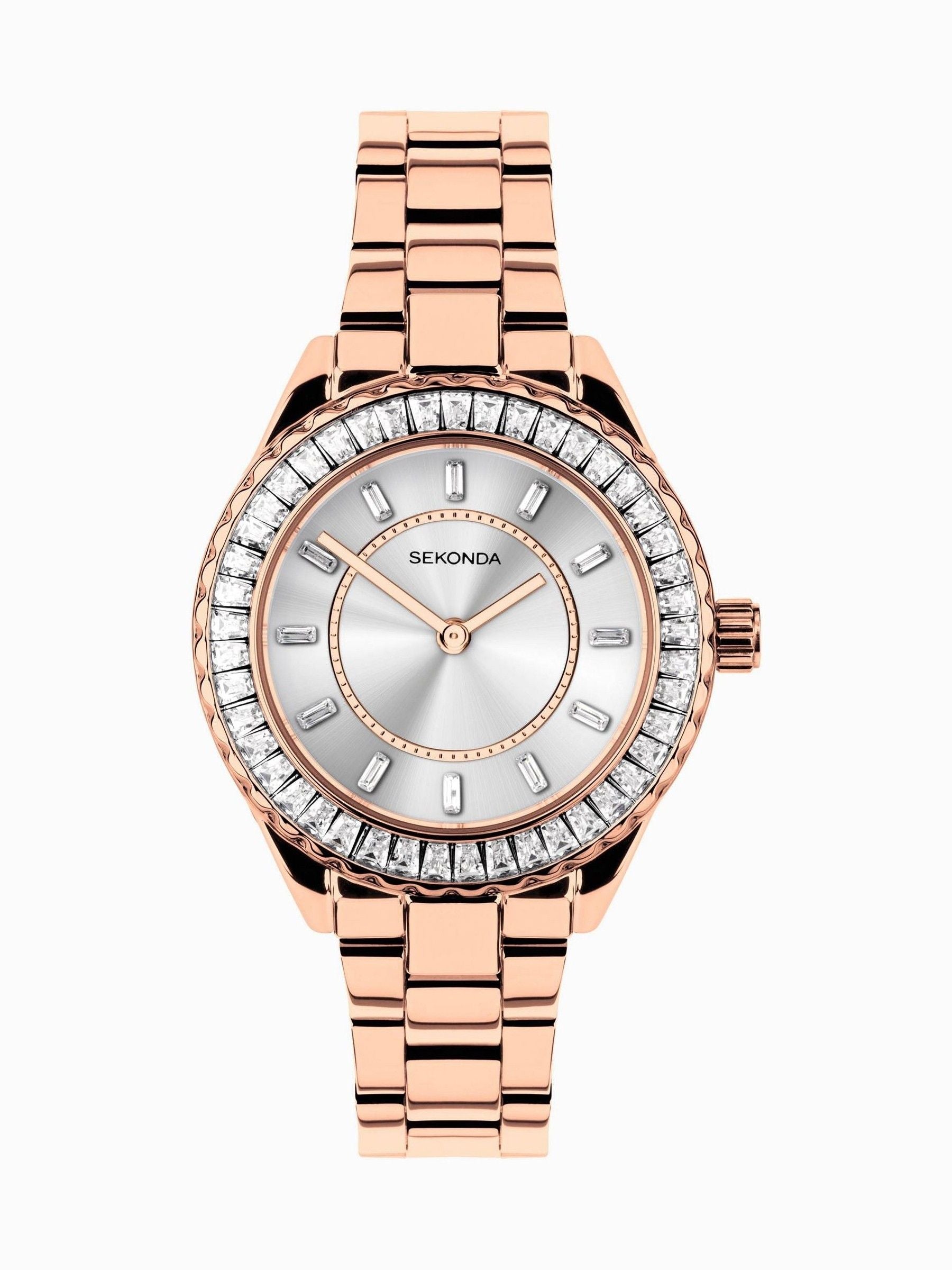 Ladies 34mm Gold-Tone Watch with Stainless Steel Bracelet and Stone-Set Dial