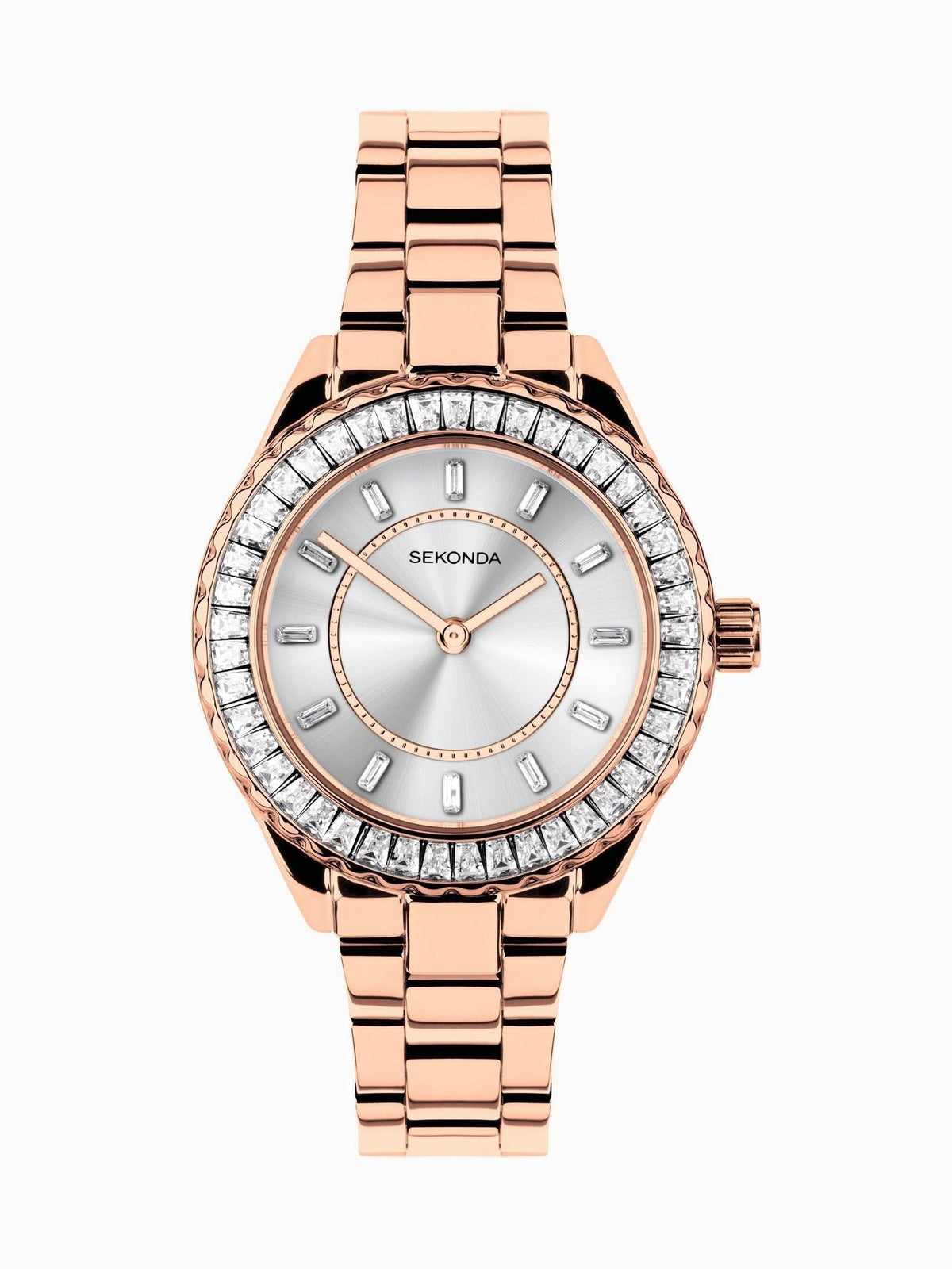 Ladies 34mm Gold-Tone Watch with Stainless Steel Bracelet and Stone-Set Dial