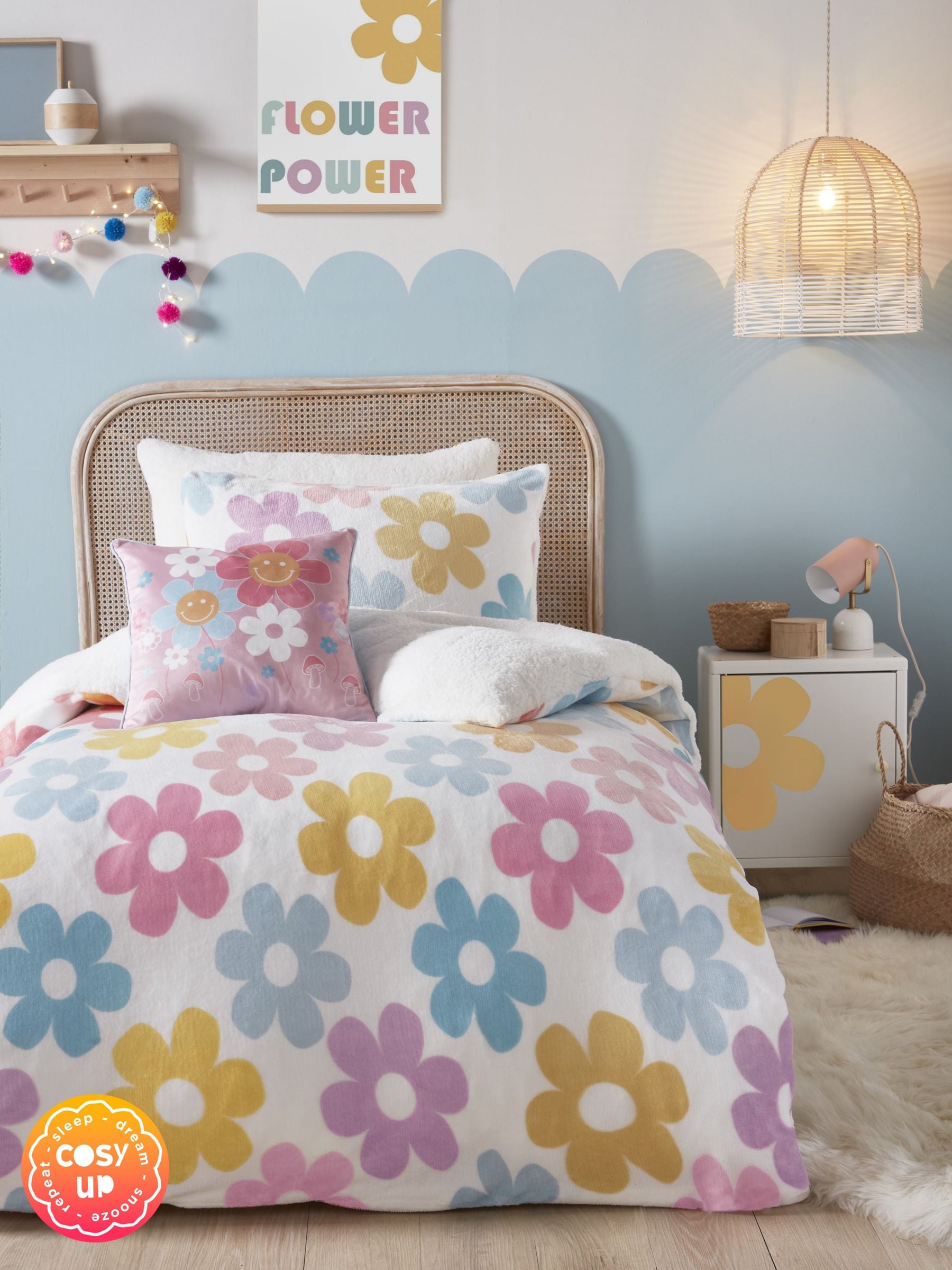 Bedlam pink retro flower plush fleece duvet cover set - British product