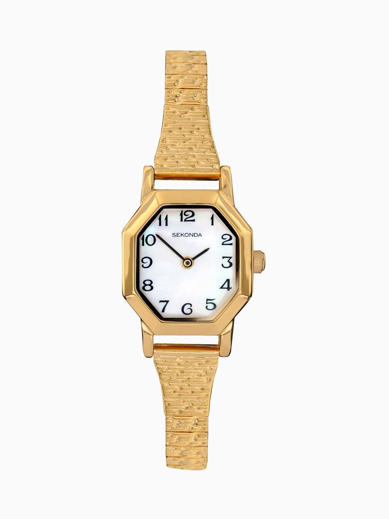 Ladies Gold Expander Bracelet Watch with White Dial