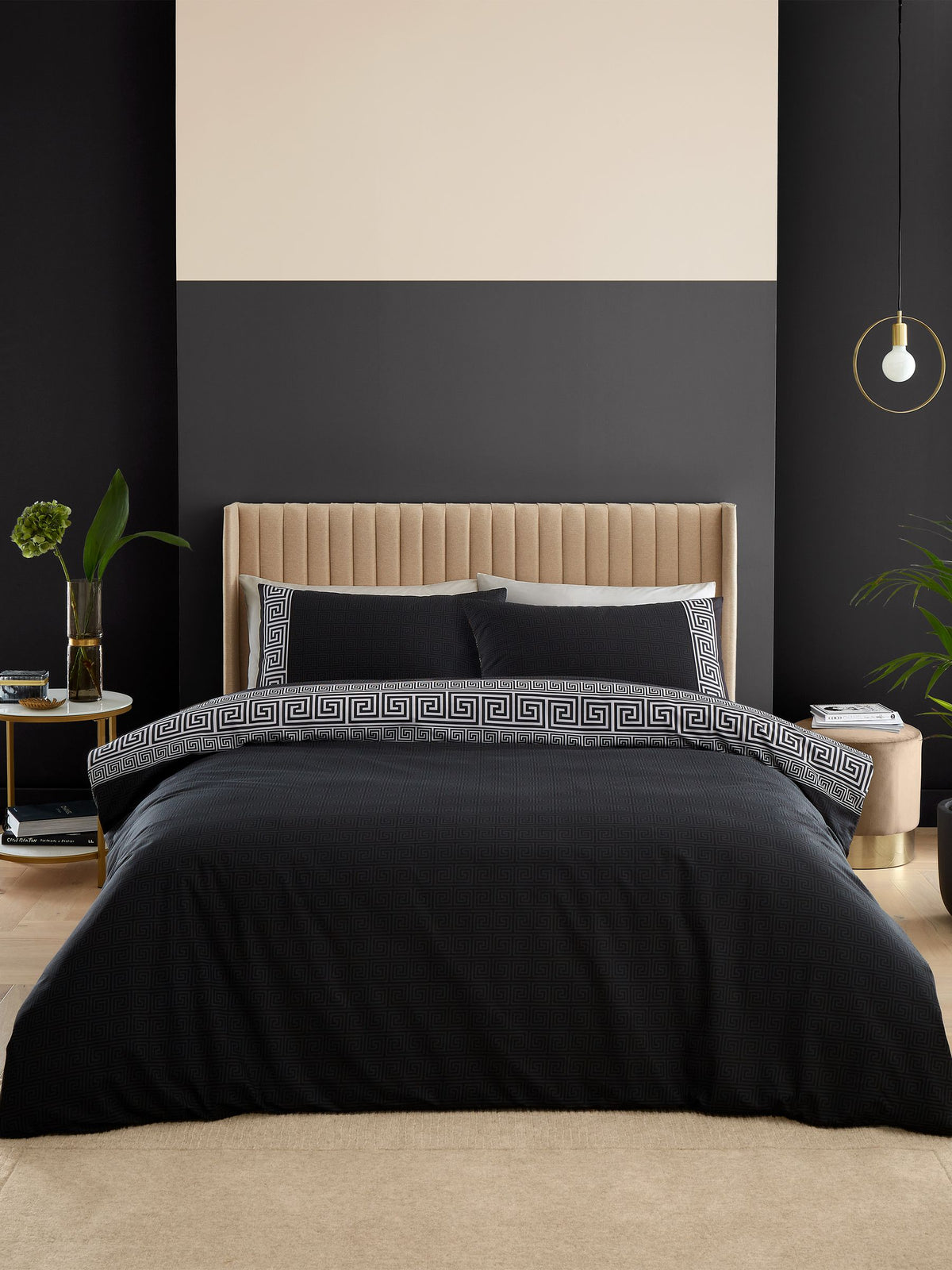 Catherine Lansfield Black Artemis Greek Key Reversible Duvet Cover Set - British product