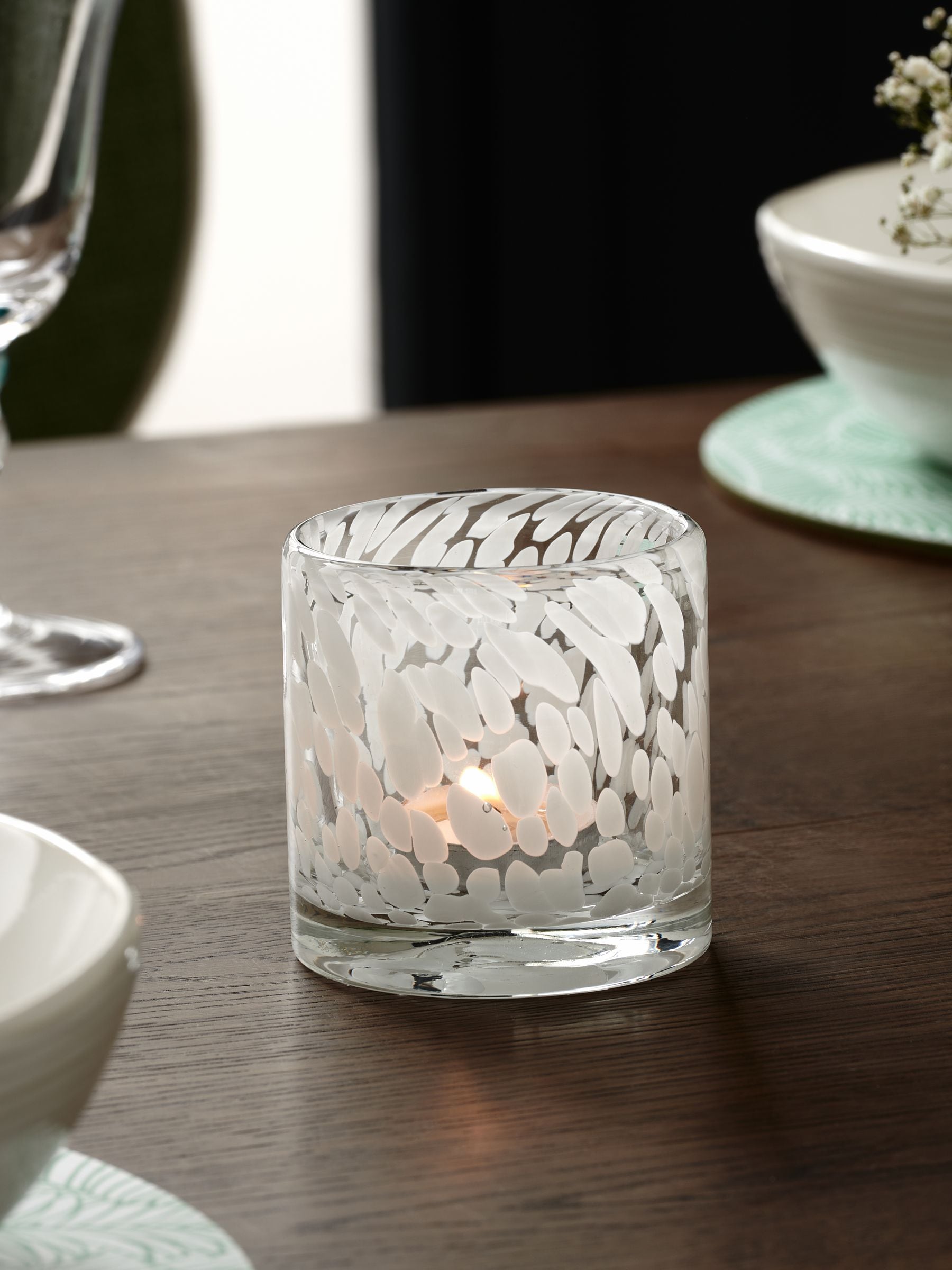 Nina Campbell white confetti glass tea light candle holder, imported from the UK