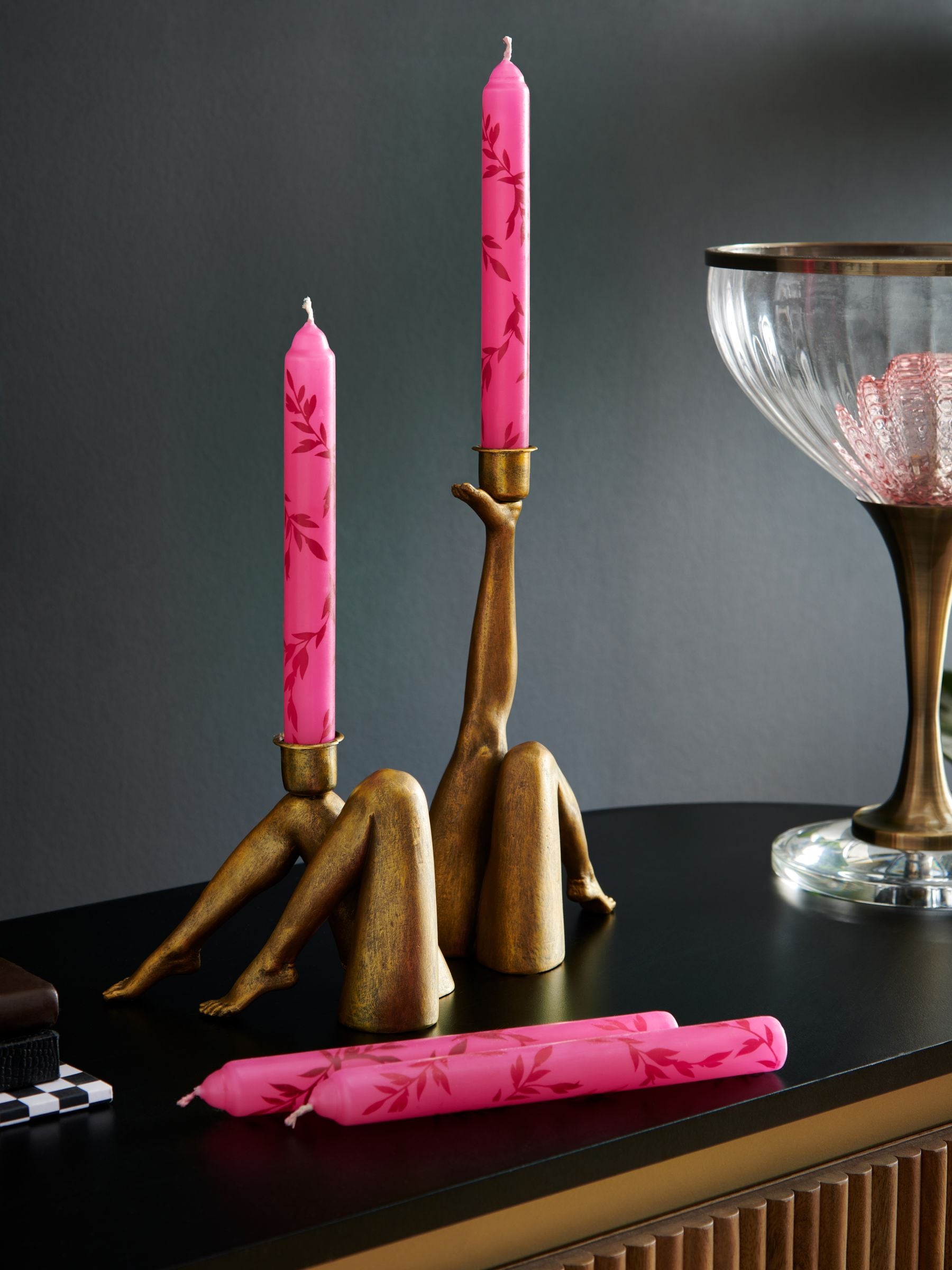 Rockett St George pink leaf dinner candles 4-count, imported from the UK