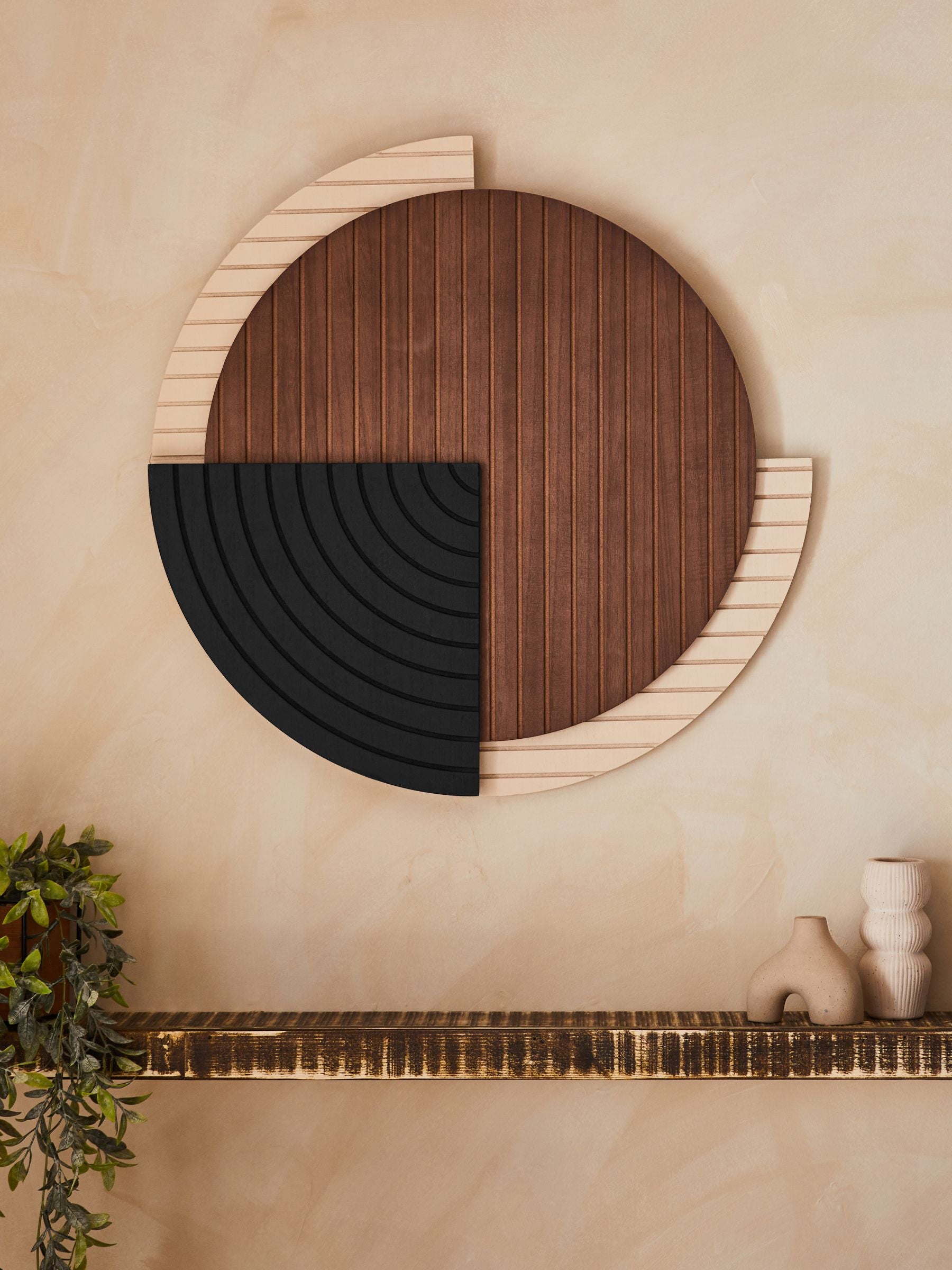 Brown and black Bronx wood circular wall art 61cm - British product