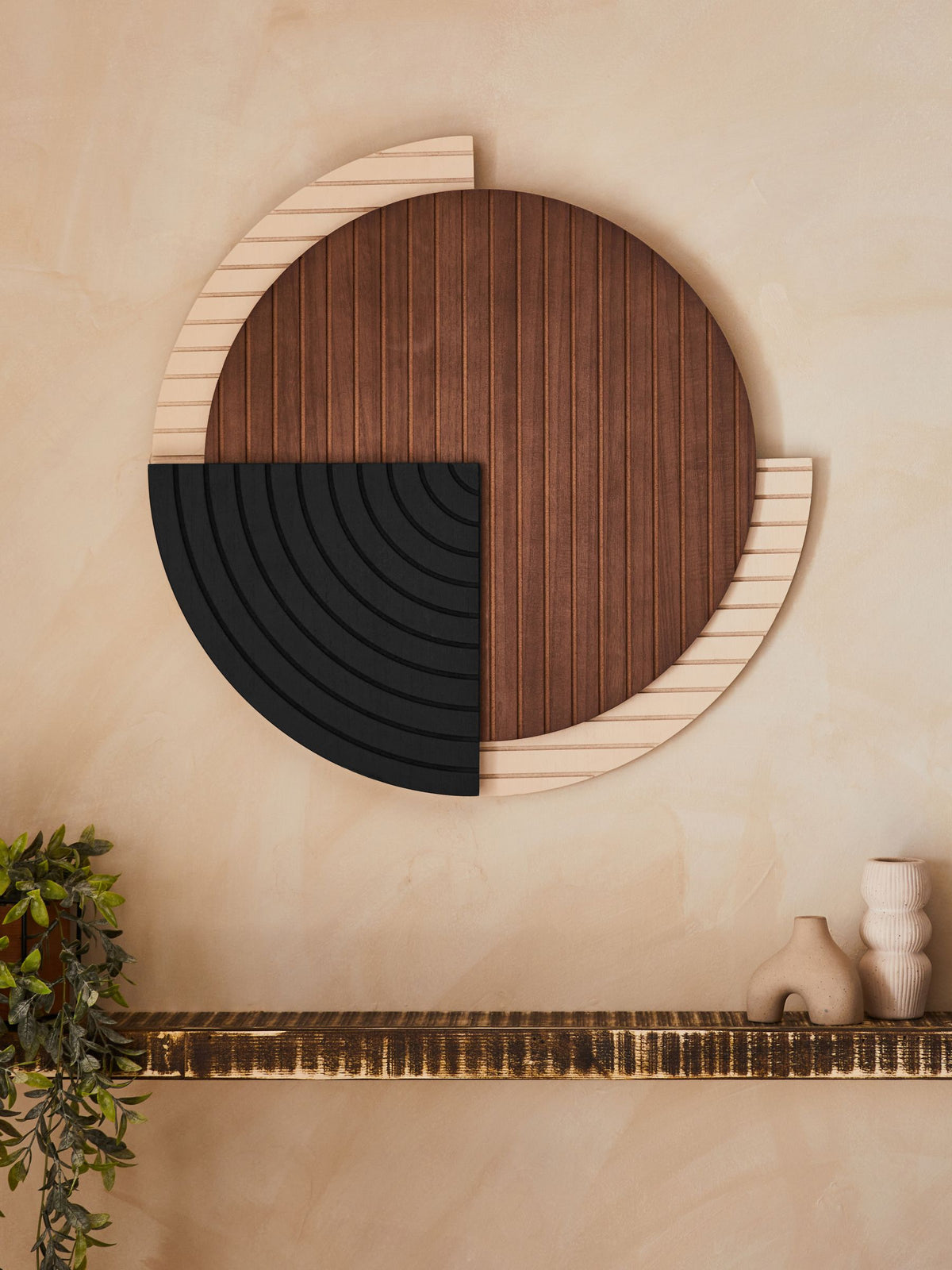 Brown and black Bronx wood circular wall art 61cm - British product