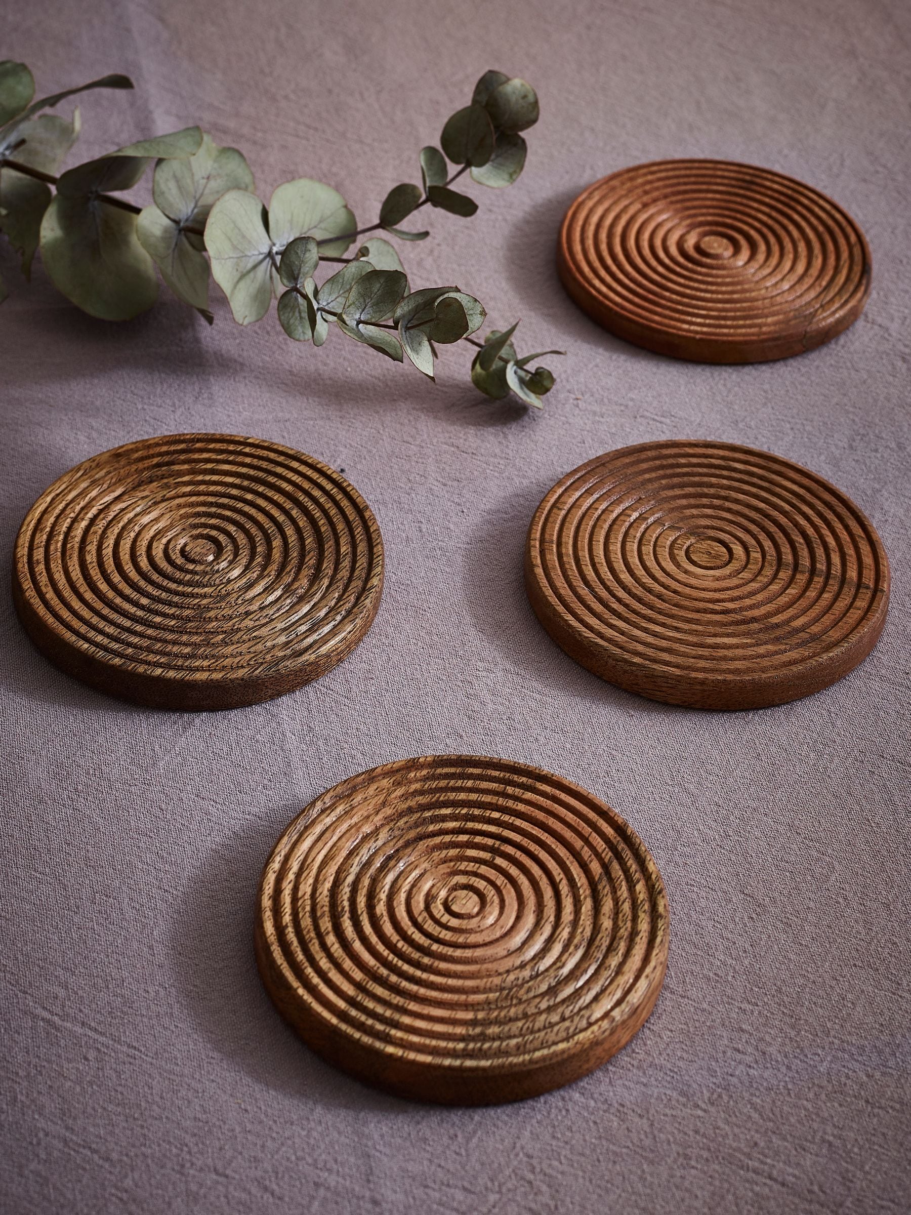 Set of 4 Natural Bronx etched wooden coasters, 10cm round (British brand)