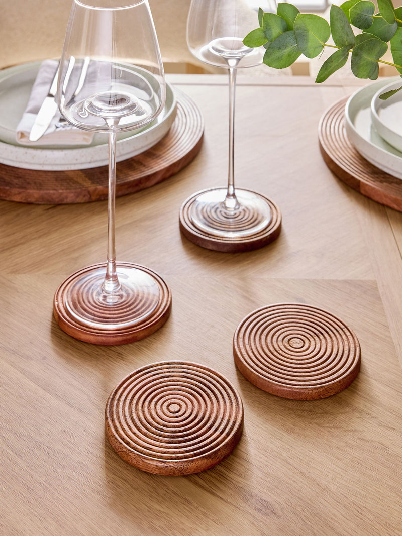 Set of 4 Natural Bronx etched wooden coasters, 10cm round (British brand)