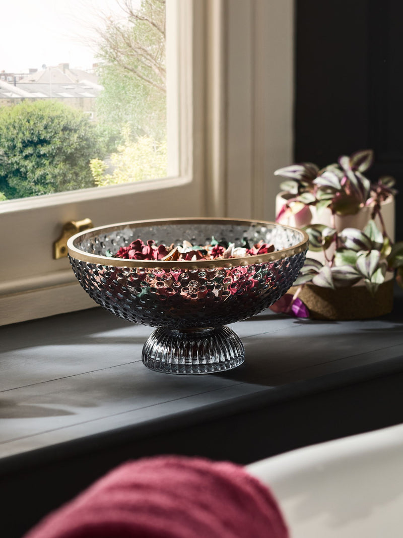 Blue Ribbed Glass Decorative Bowl