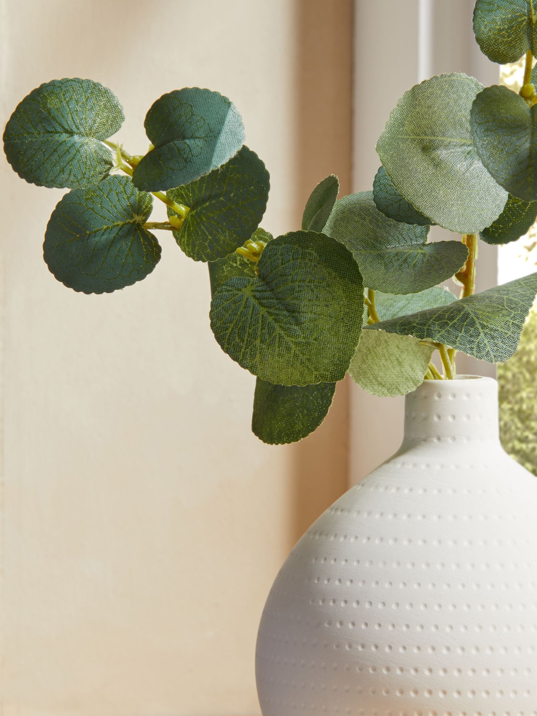 Artificial eucalyptus in white vase 25cm, UK version