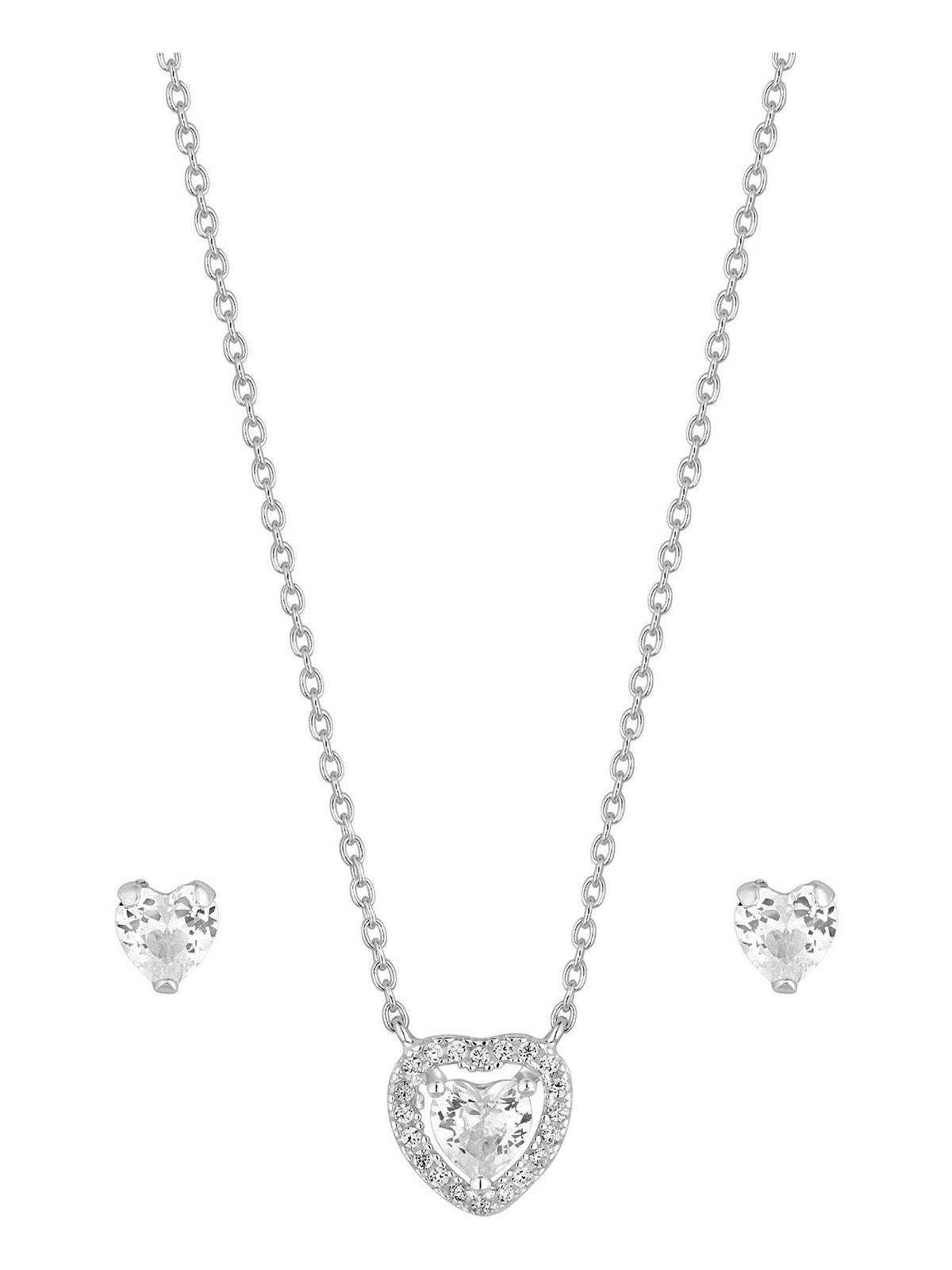 Sterling Silver Cubic Zirconia Halo Heart Earrings and Pendant Set - Gift Boxed
