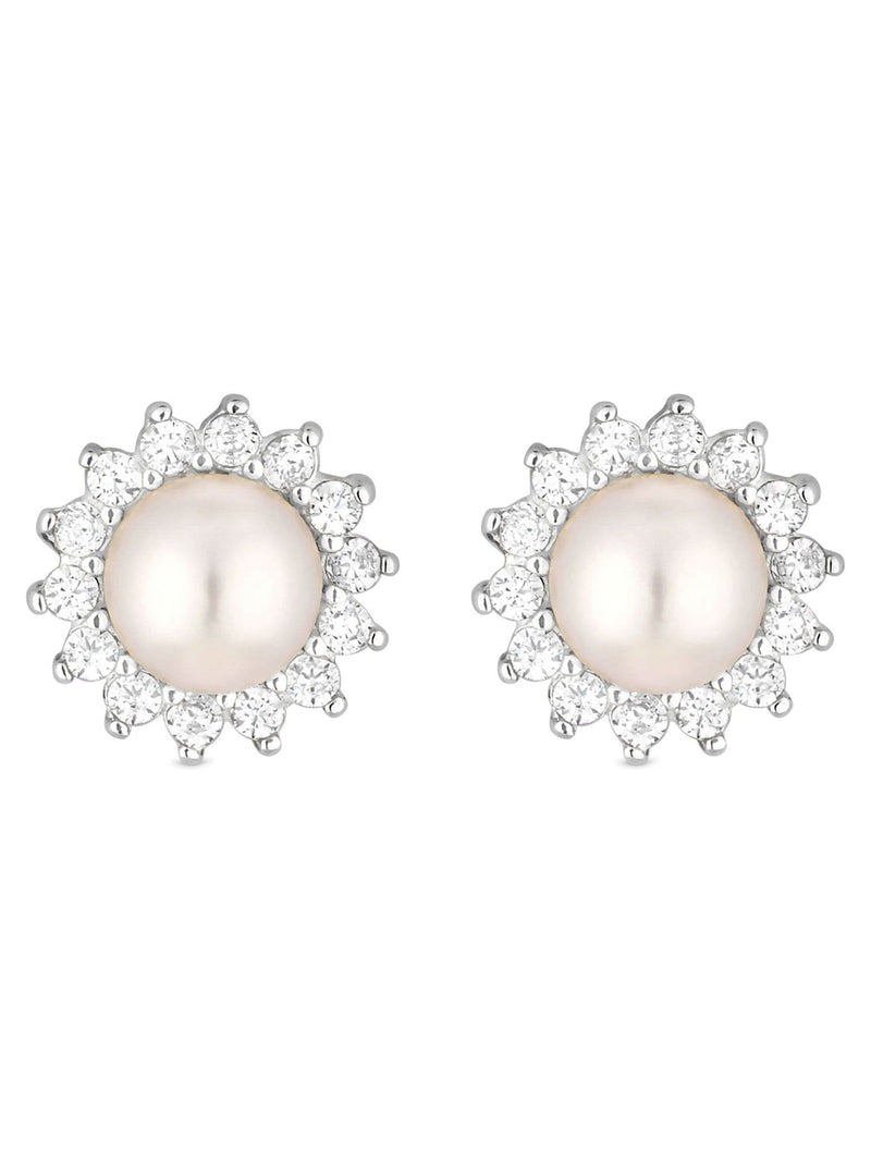 Simply Silver freshwater pearl and cubic zirconia halo stud earrings (British brand)