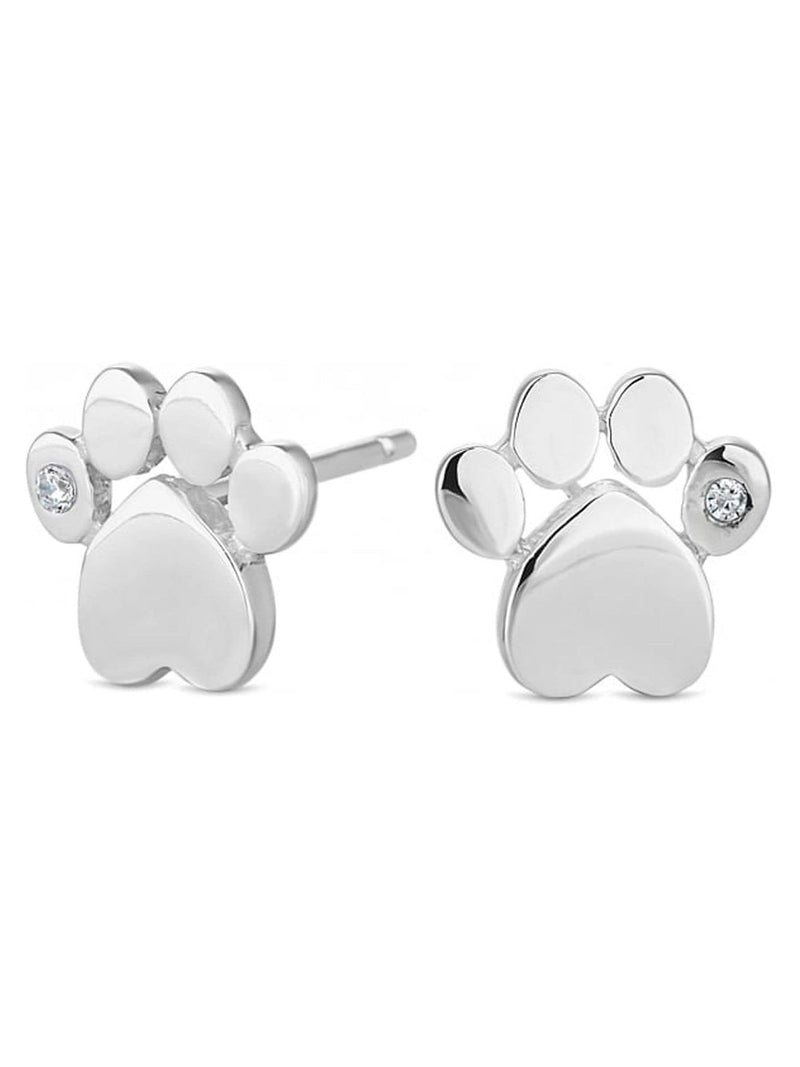 Silver Tone Paw Print Stud Earrings with Cubic Zirconia Stone