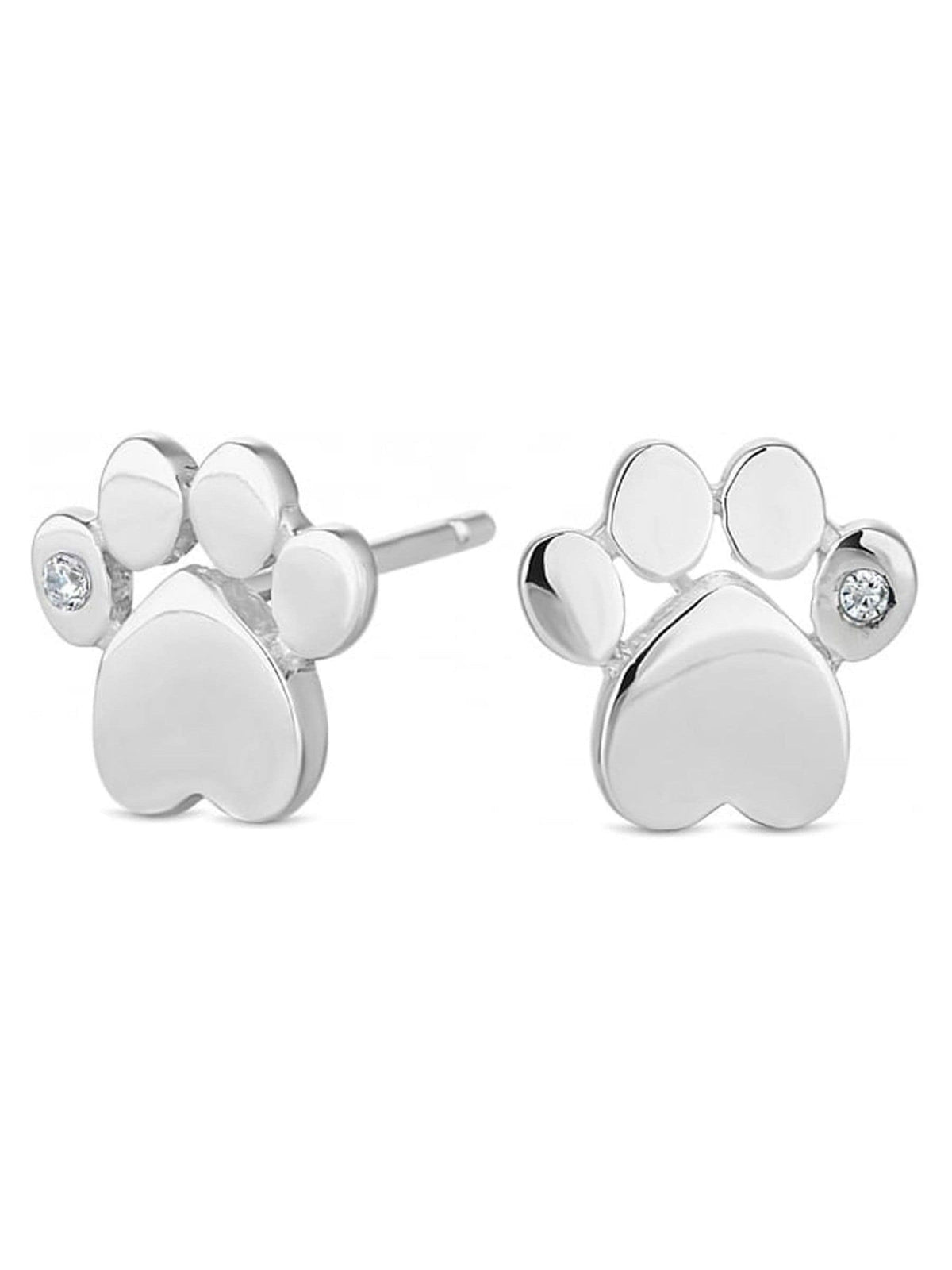 Silver Tone Paw Print Stud Earrings with Cubic Zirconia Stone