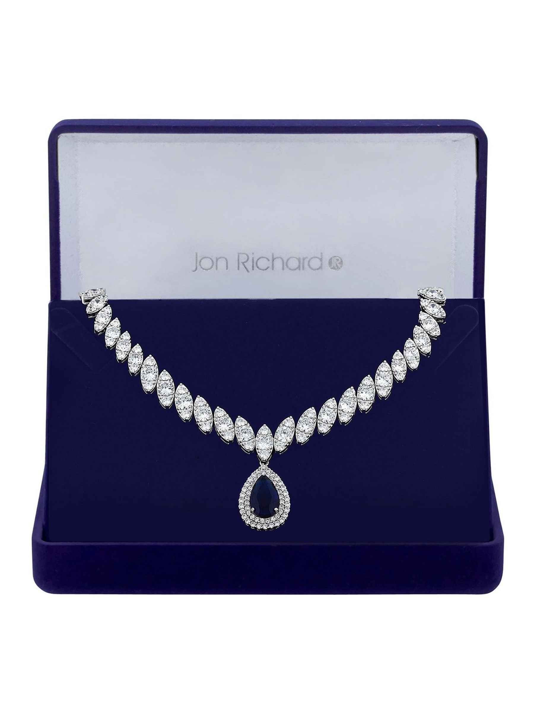 Jon Richard blue rhodium plated cubic zirconia statement necklace, UK version