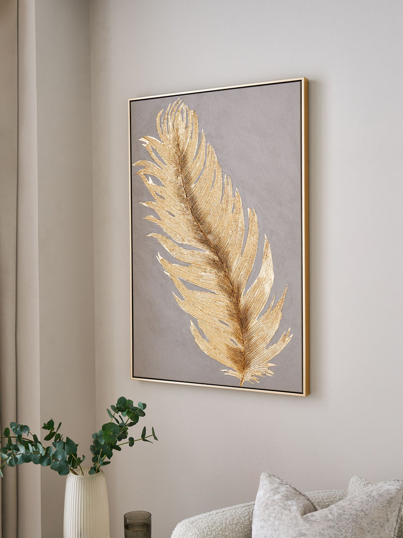 Feather Design Wall Art with Gold Foil Detailing on Grey Backdrop