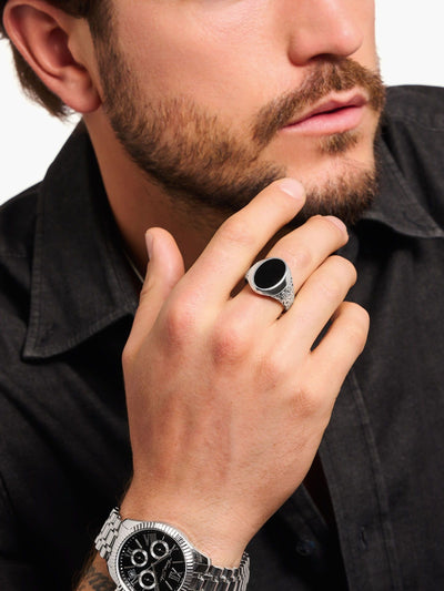 Thomas Sabo Black Onyx Signet Ring in 925 Sterling Silver, Blackened