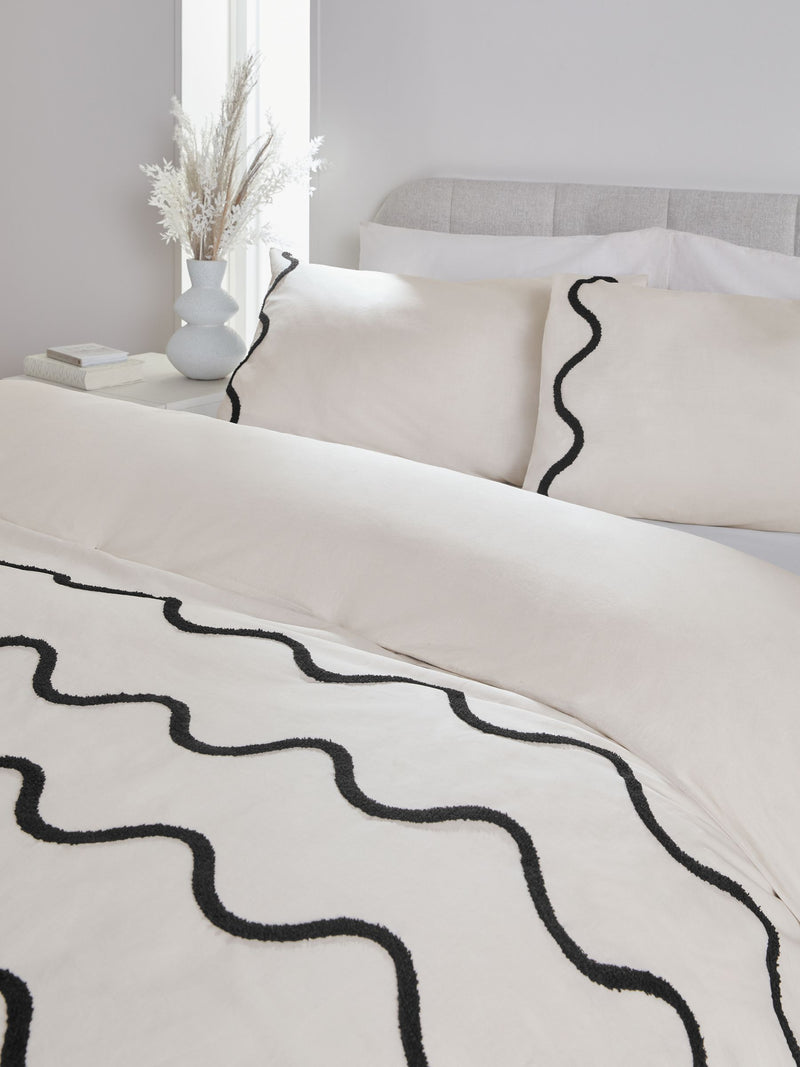 Monochrome tufted wave duvet cover and pillowcase set, imported from the UK