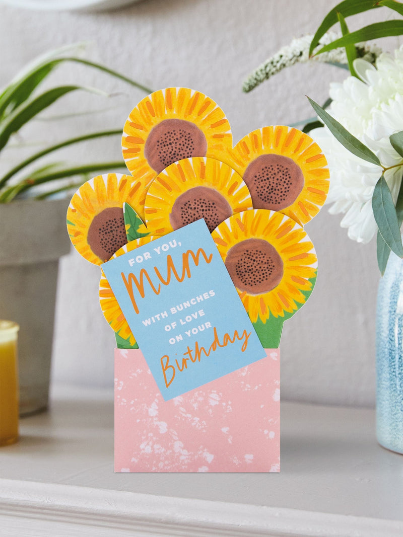 Hallmark yellow birthday card for Mum with pop-up 3D sunflowers design, UK version
