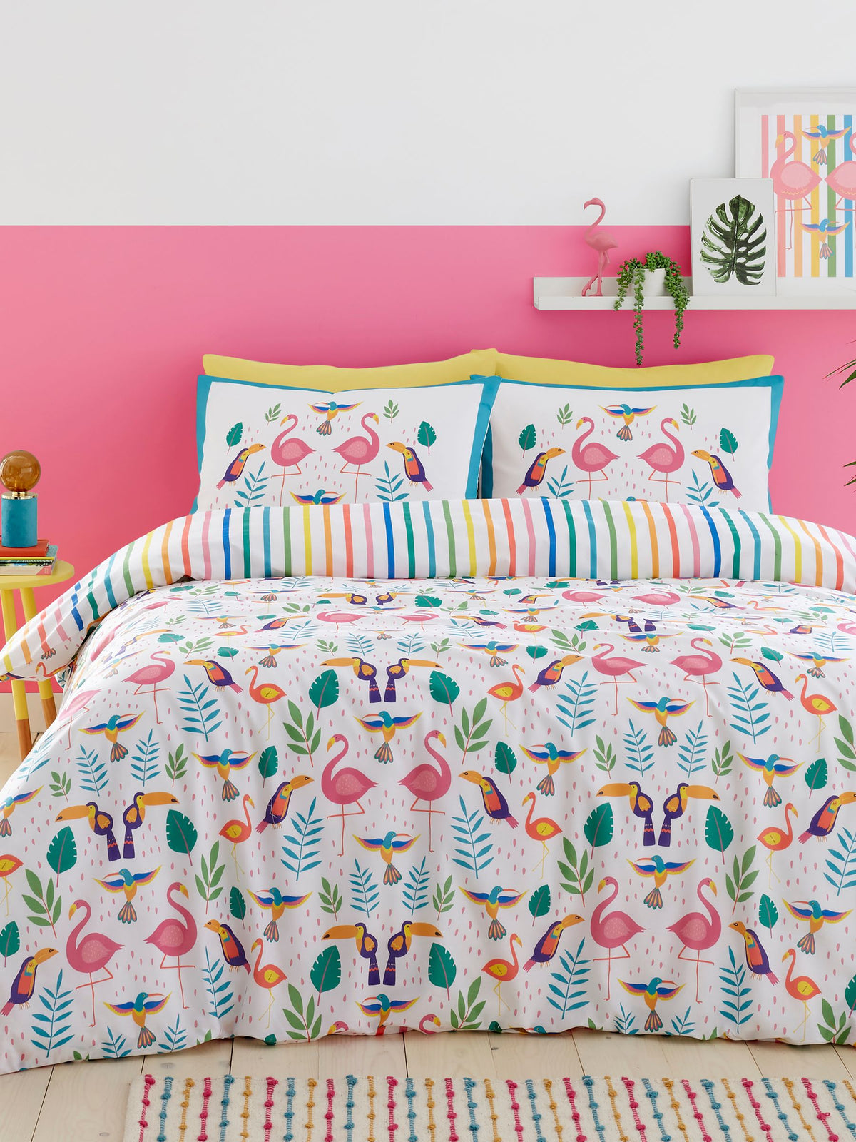 Fusion Pink Tropical Flamingo Reversible Duvet Cover Set - British product