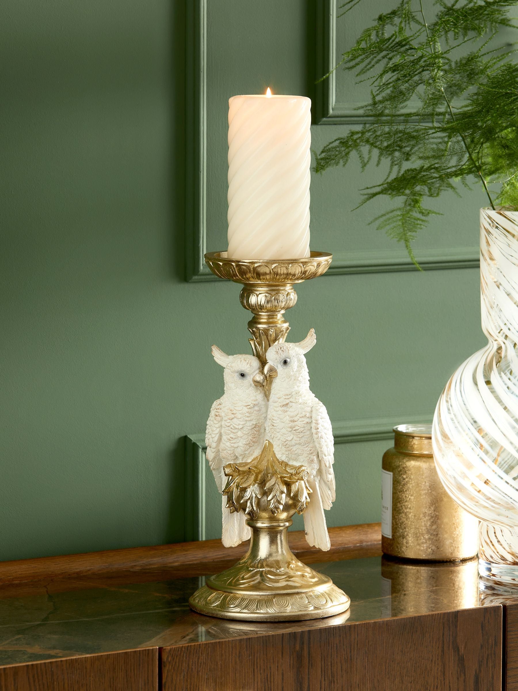 Gold cockatoo pillar candle holder 31.5cm height 14.5cm diameter, UK version
