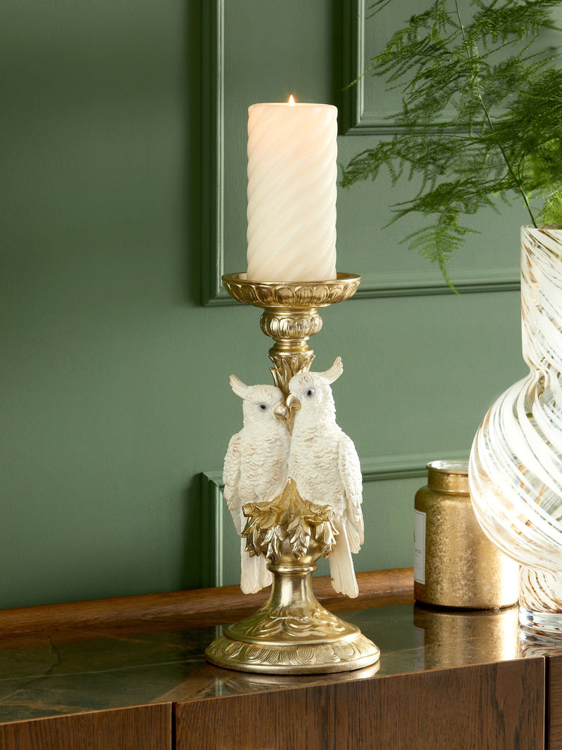 Gold cockatoo pillar candle holder 31.5cm height 14.5cm diameter, UK version