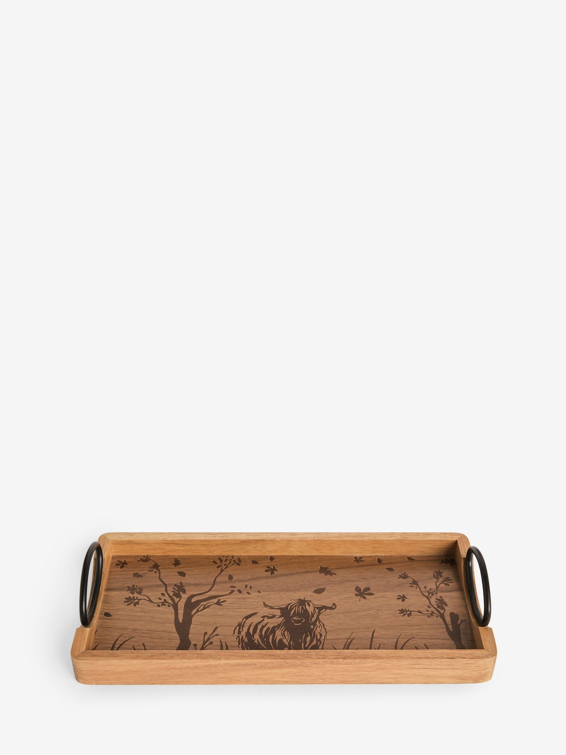 Wood engraved Hamish tray with Highland cow design (British brand)