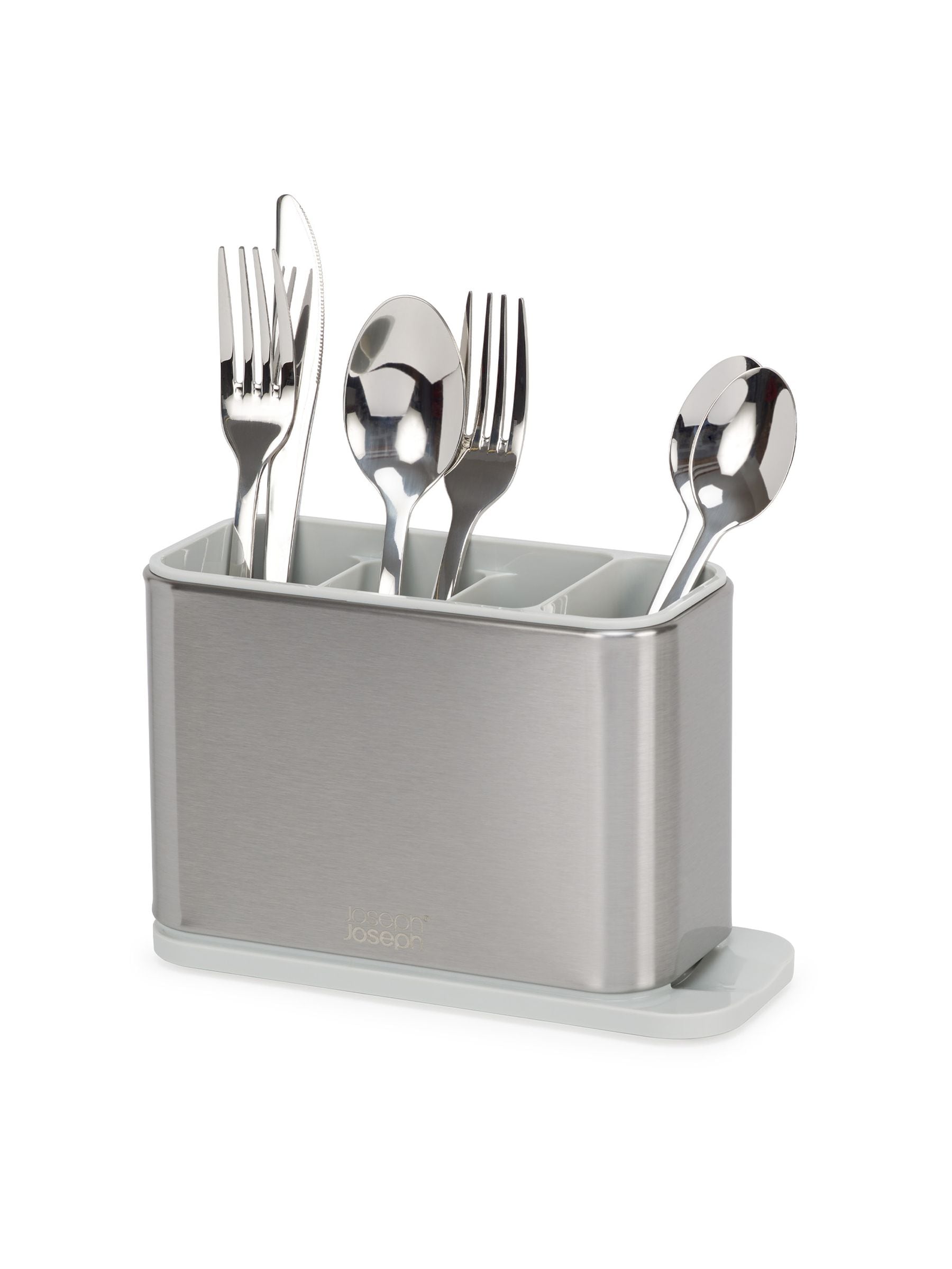 Joseph Joseph stainless-steel cutlery drainer with light stone surface, UK version