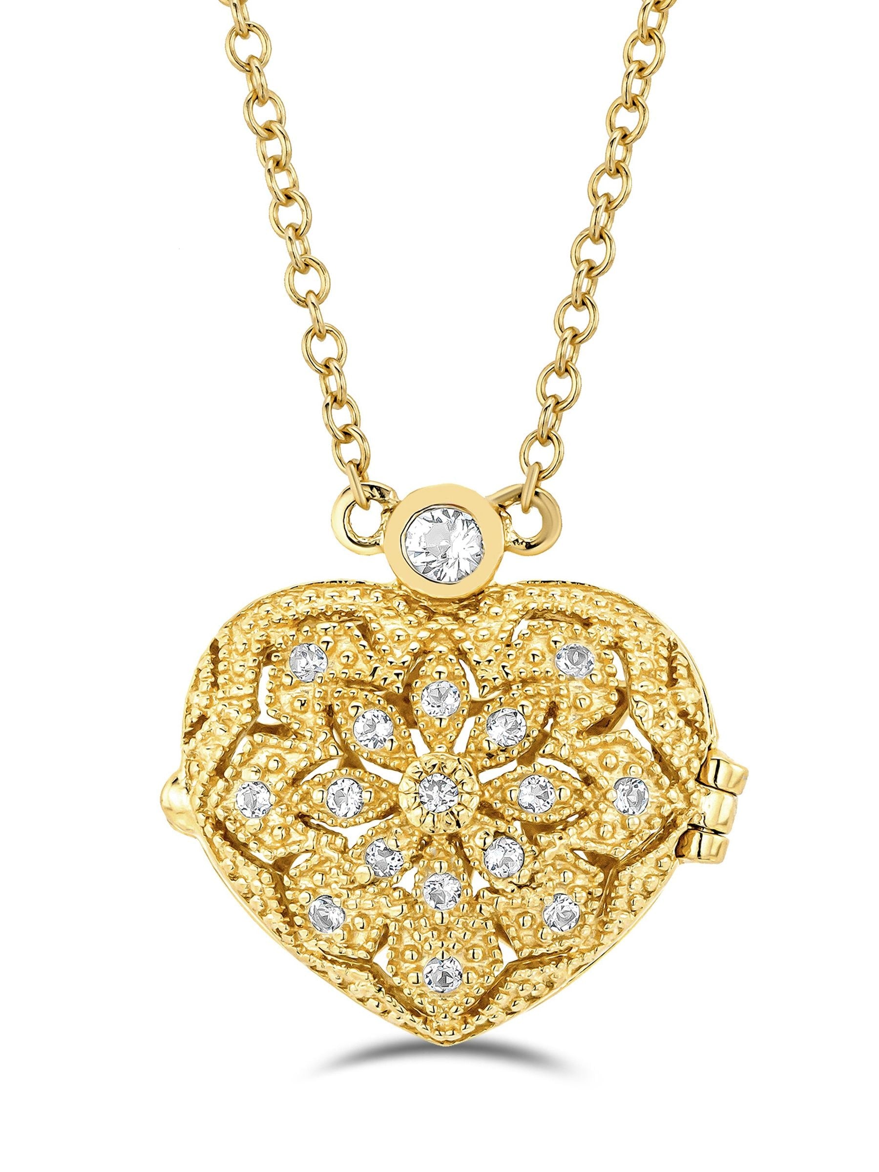 Vintage Heart Locket Necklace with Lab-Grown Diamonds and White Topaz in 18ct Gold Vermeil