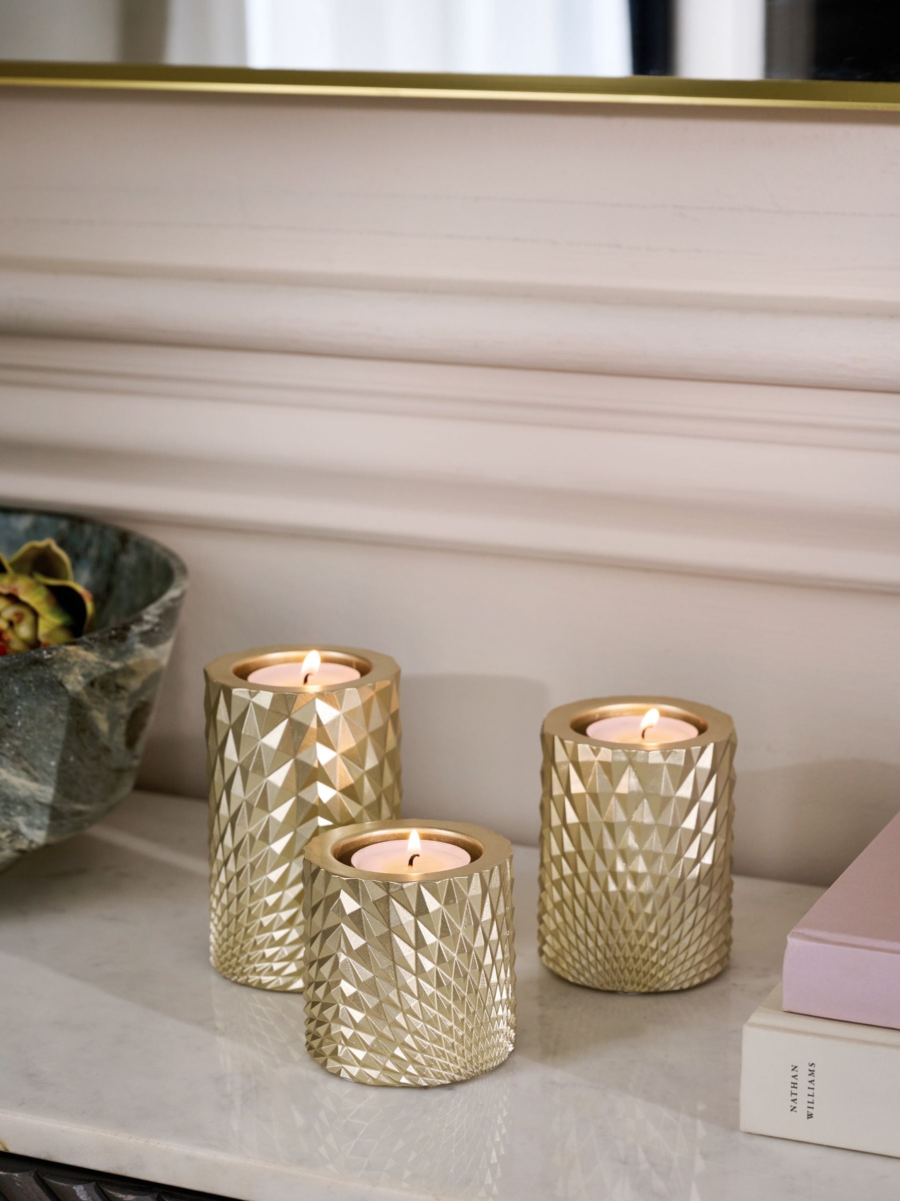 Gold hex tiered tea light candle holders set of 3 (British brand)