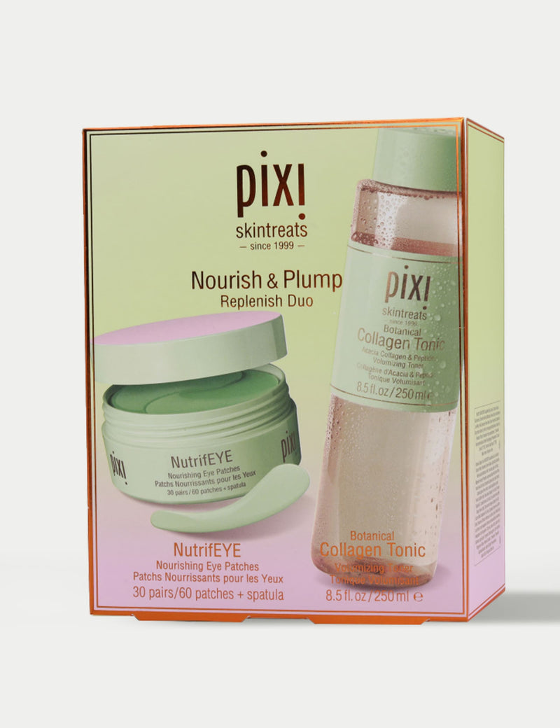 Nourish & Plump skincare duo with eye patches and collagen tonic, imported from the UK