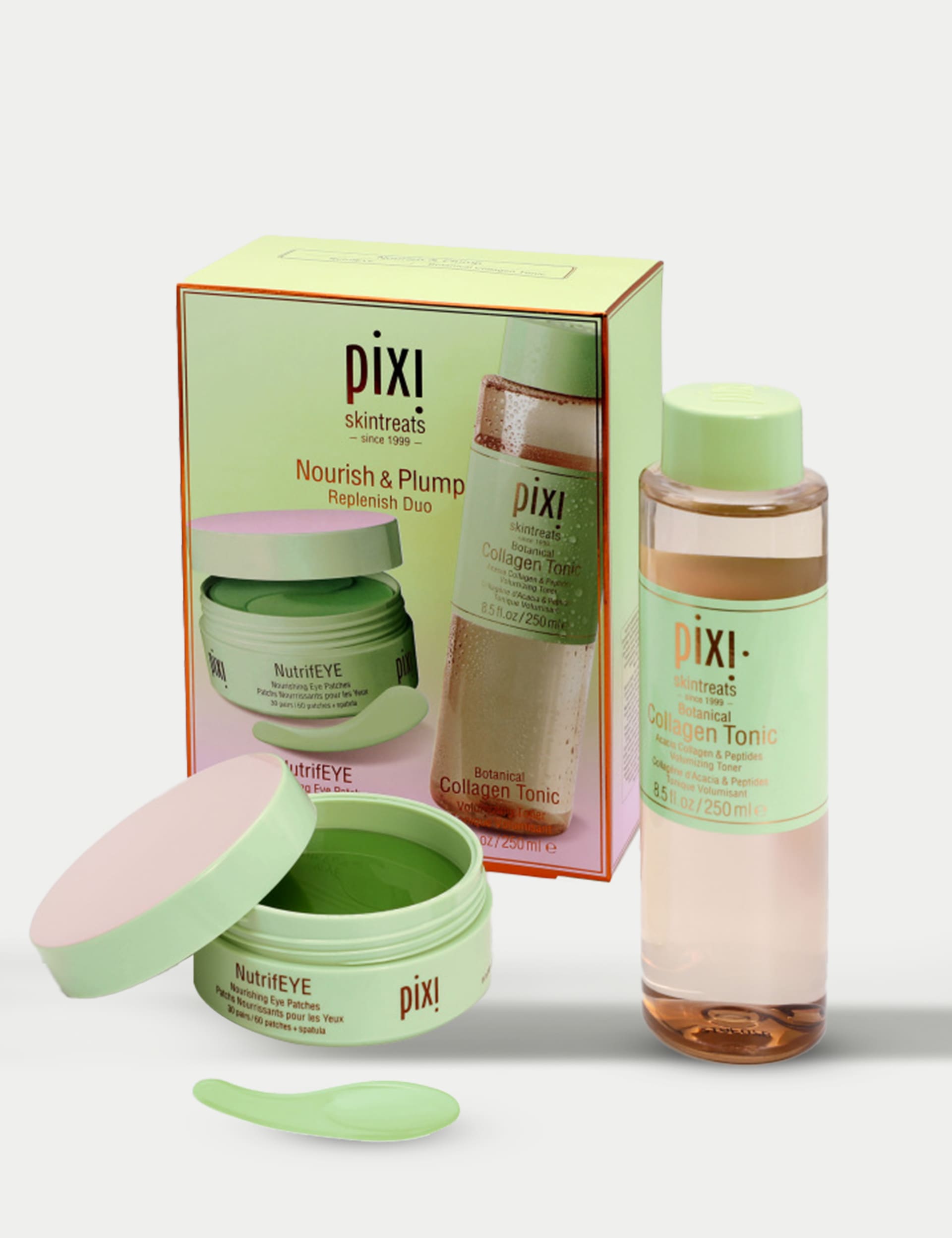 Nourish & Plump skincare duo with eye patches and collagen tonic, imported from the UK