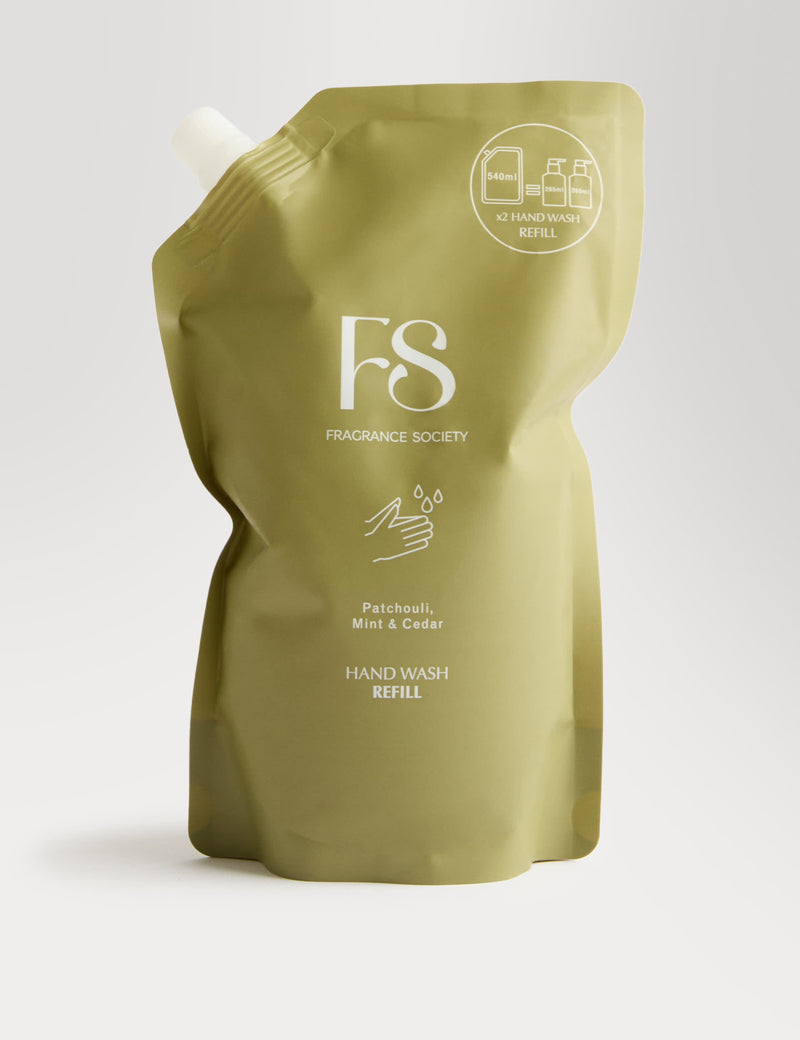 Fragrance Society patchouli, mint and cedar hand wash refill 540ml, imported from the UK