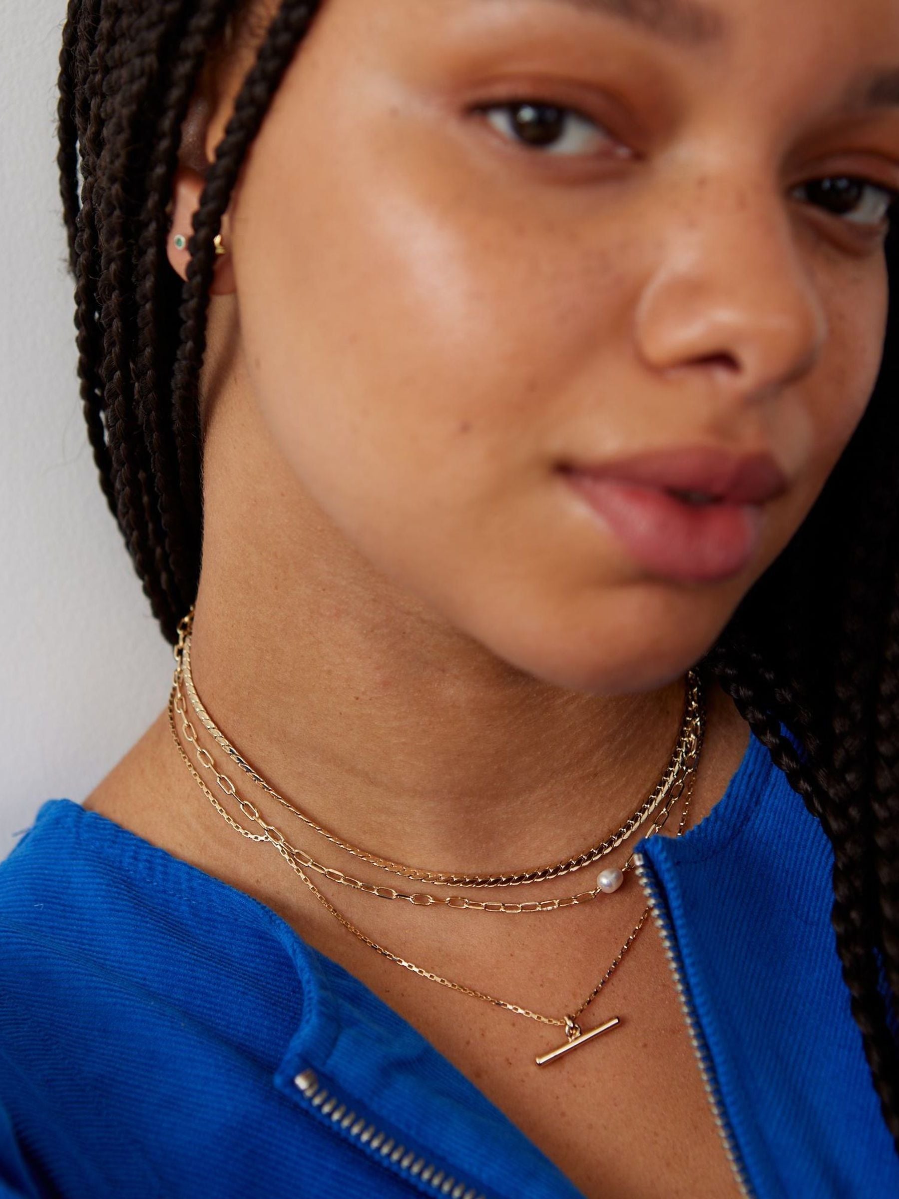 Oliver Bonas gold tone Rosalind chain freshwater pearl and bar layered necklace, imported from the UK