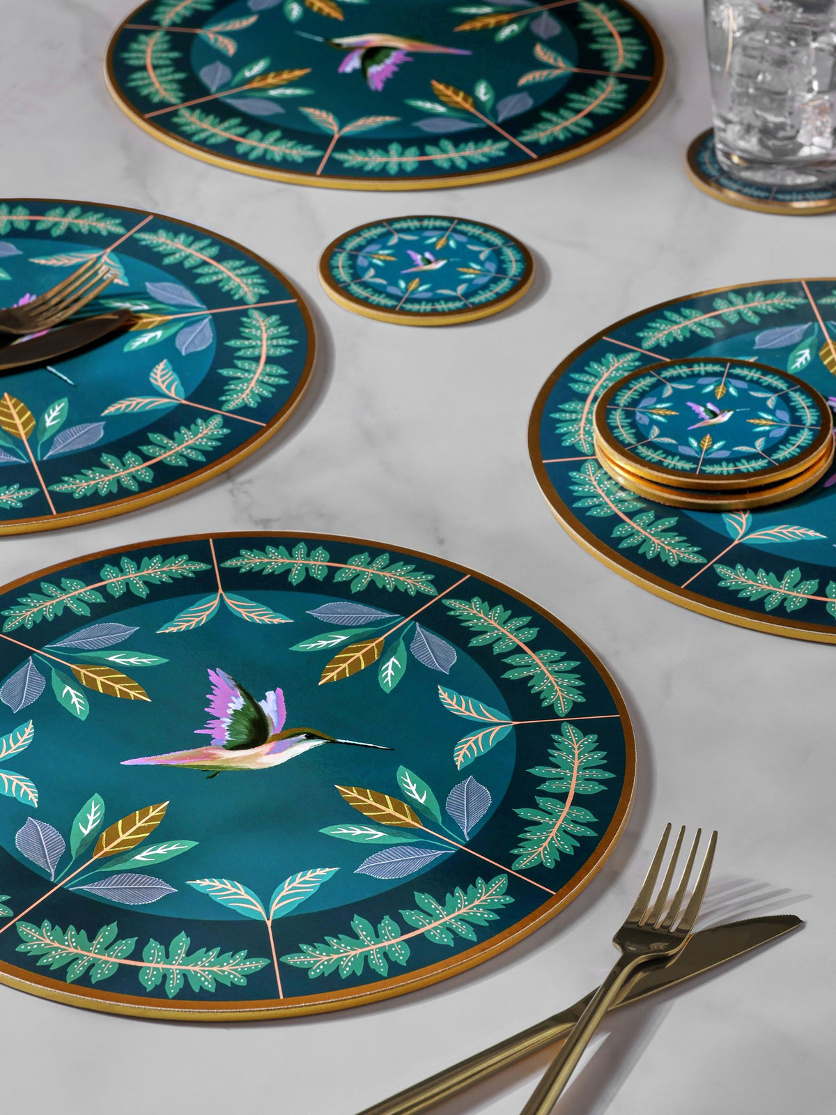 Set of 4 Navy Hummingbird Placemats and Coasters