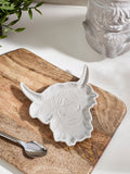 Hamish the Highland Cow ceramic spoon rest in grey, UK version