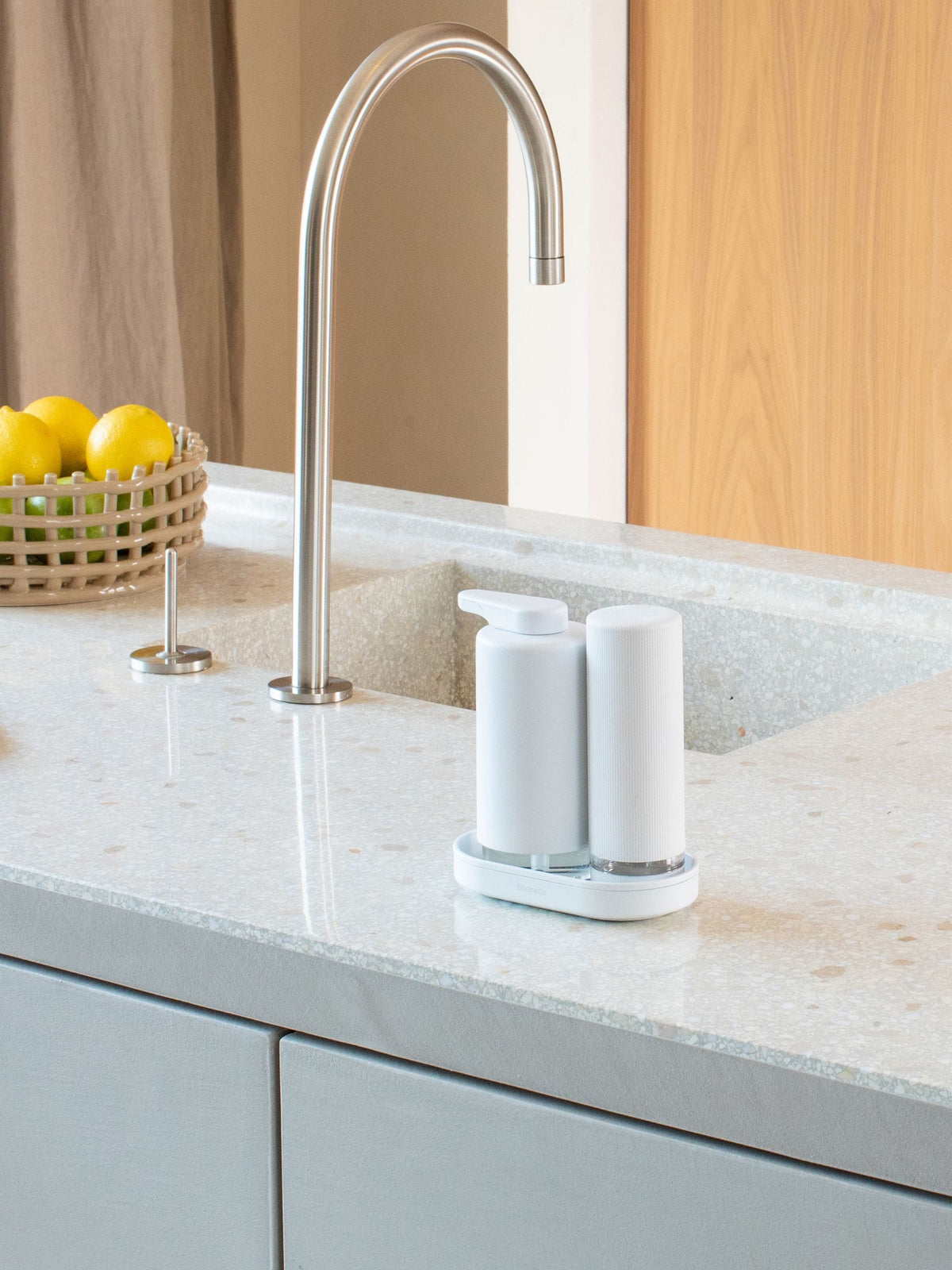 White Dual Soap Dispenser Set with Metal Tray