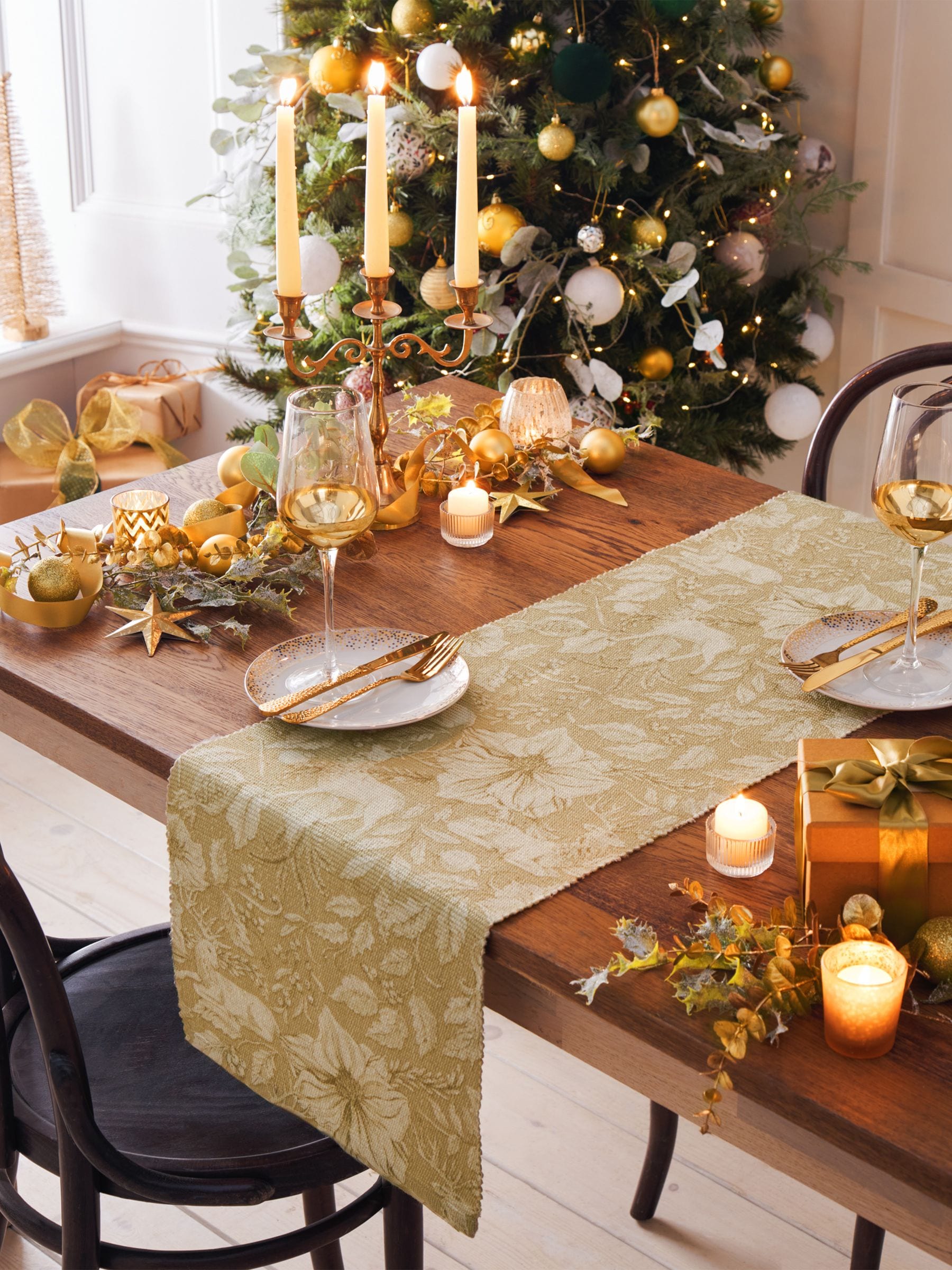 Paoletti Gold Stag Christmas table runner 180cm x 35cm, imported from the UK