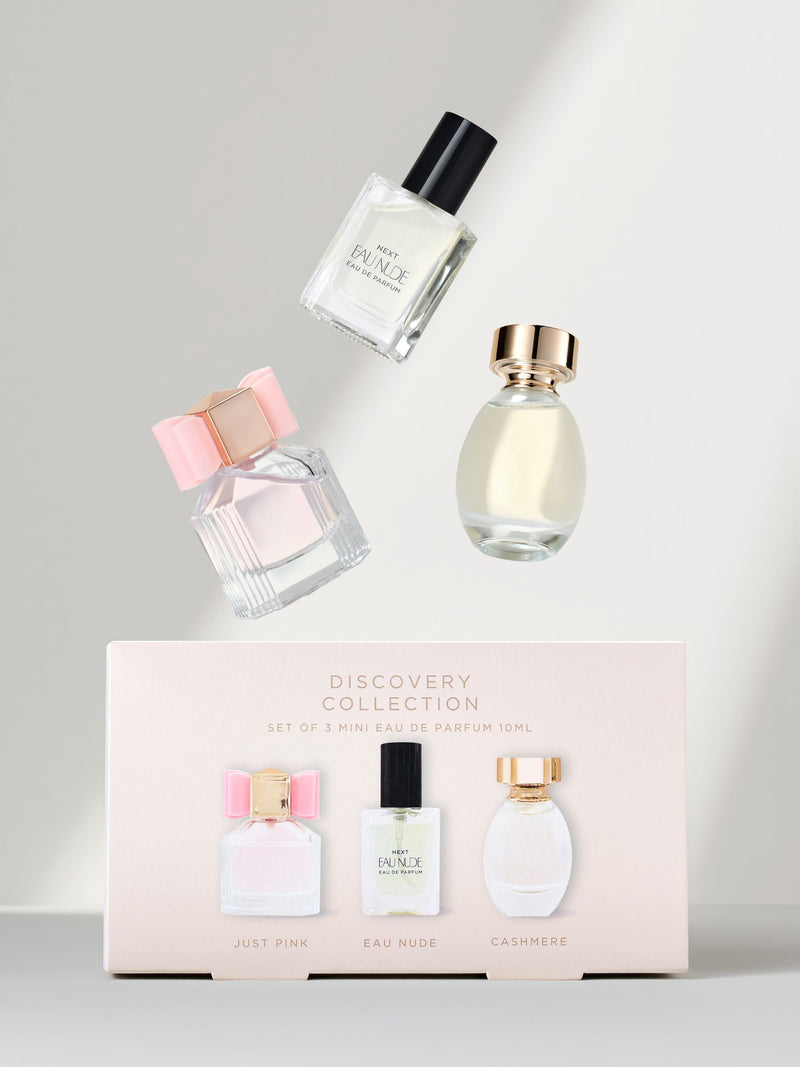 Miniature perfume gift set with Just Pink, Eau Nude, and Cashmere 10ml bottles (British brand)