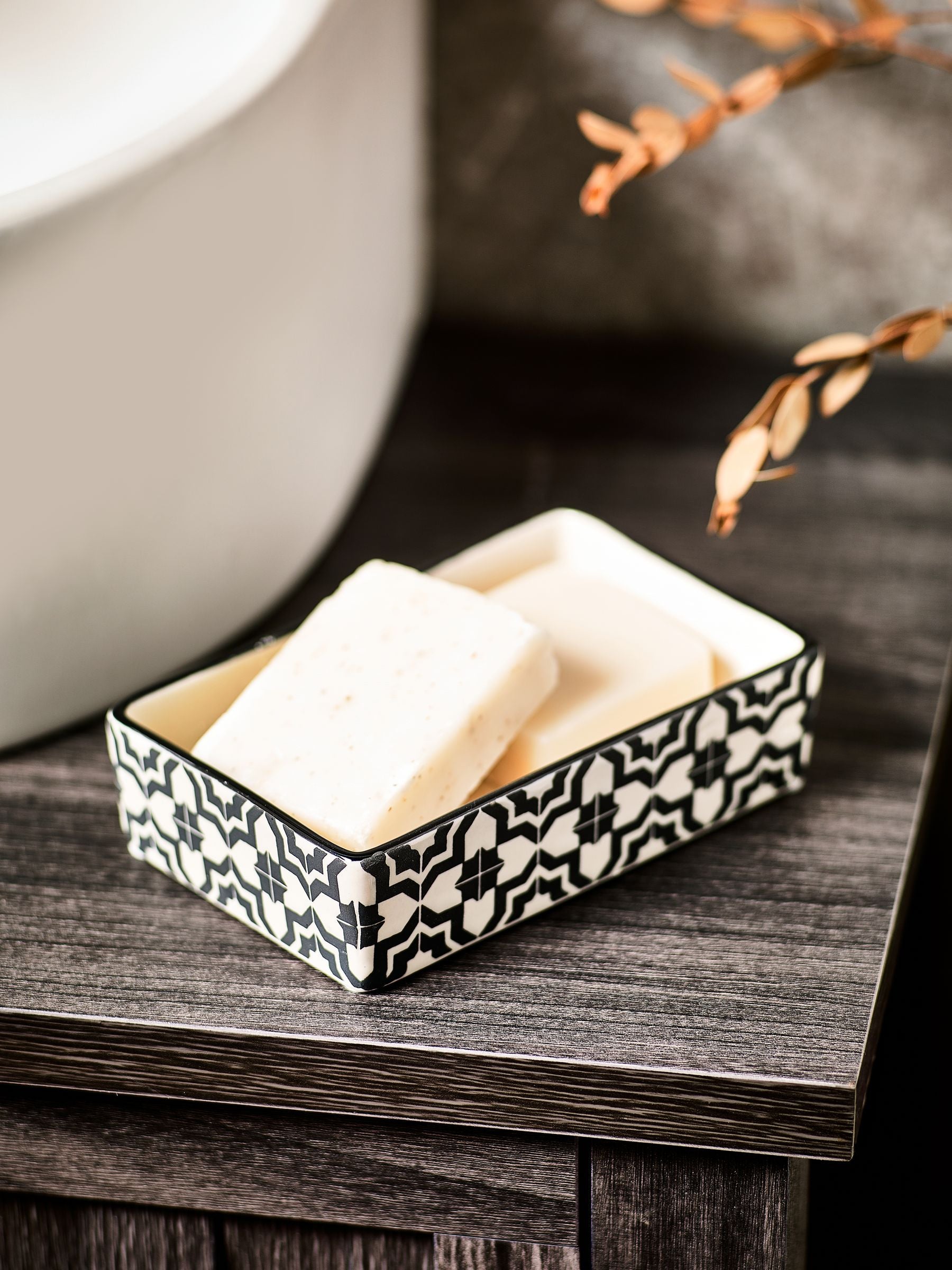 Ceramic soap dish with geometric design, imported from the UK