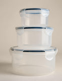 Set of three round clip storage containers 1.5L 800ml 400ml (British brand)
